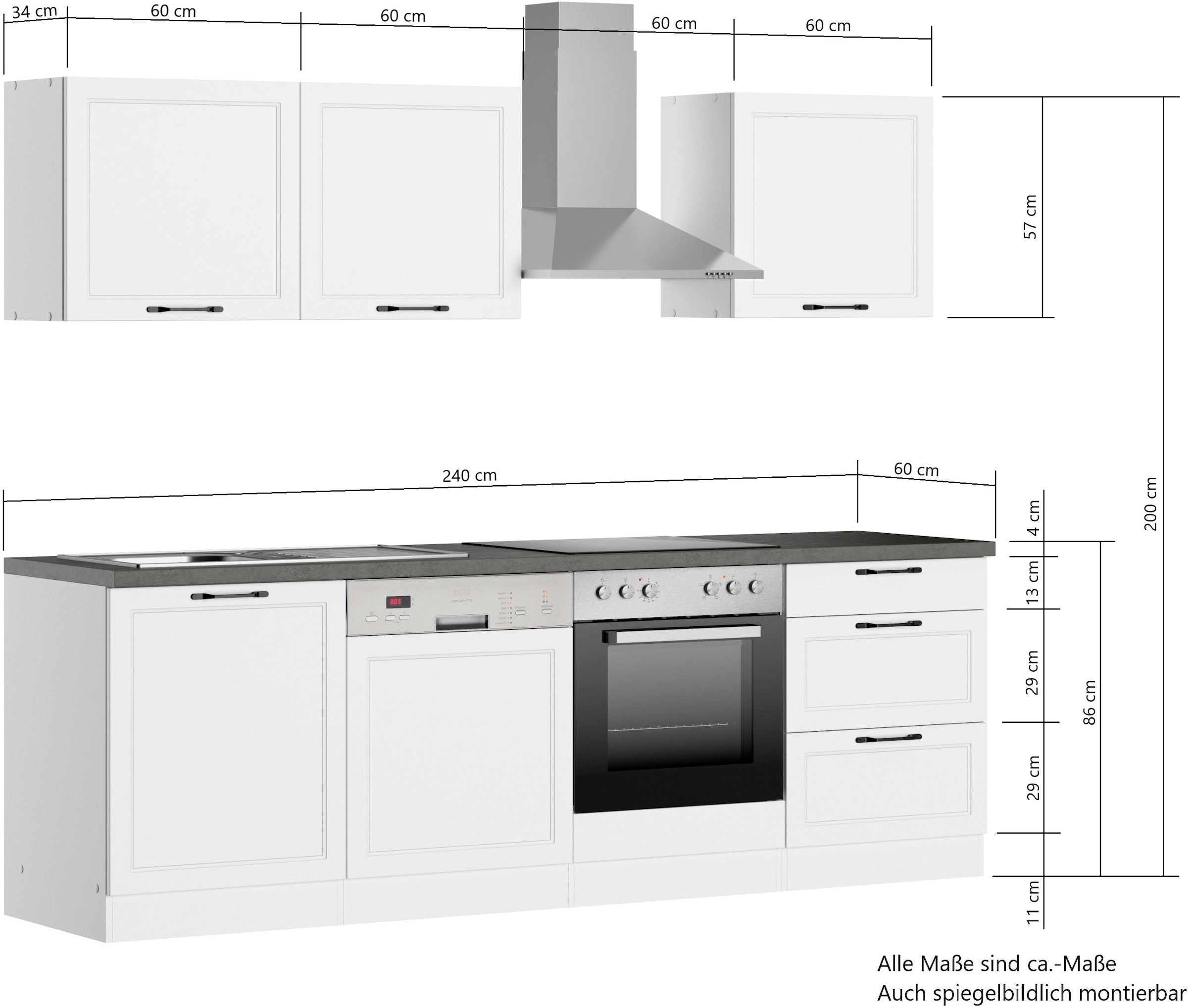 KOCHSTATION Küchenzeile »KS-Lani, mit MDF-Fronten«, Breite 240 cm, wahlweise mit E-Geräten, Höhen-Ausgleichsfüße 0-4 cm