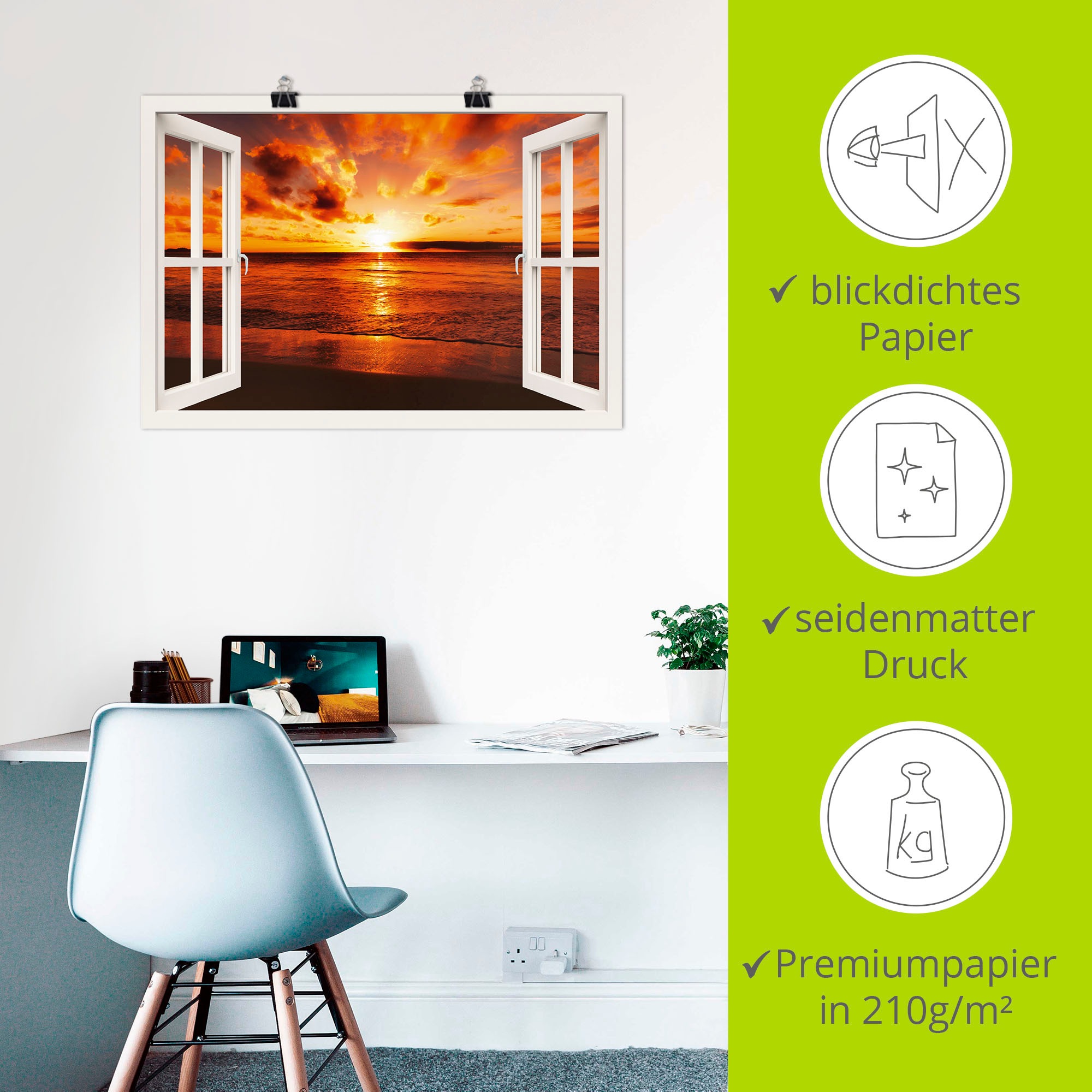 Artland Wandbild »Fensterblick Sonnenuntergang am Strand«, Fensterblick, (1 St.), als Leinwandbild, Poster in verschied. Größen