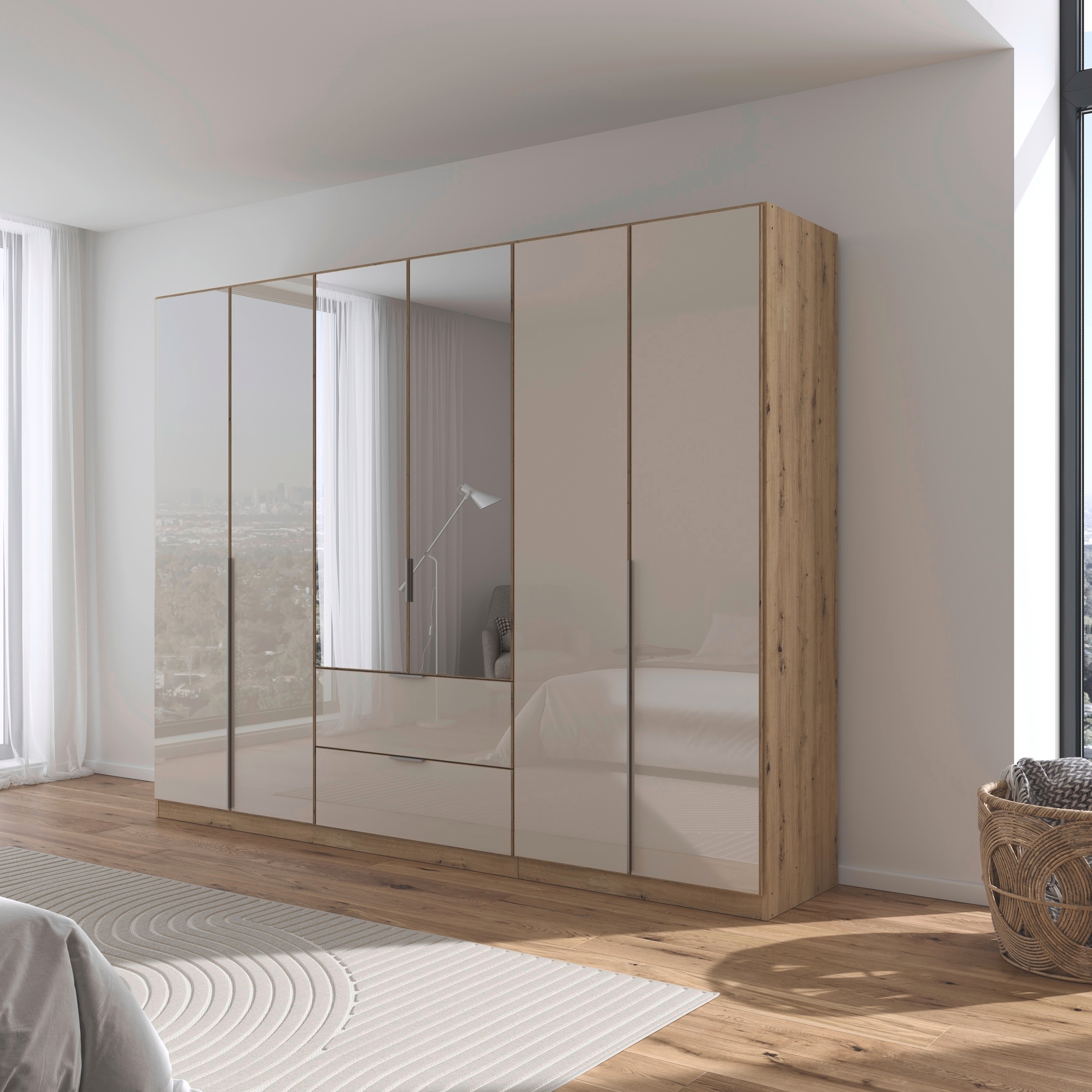 rauch Drehtürenschrank »Kleiderschrank Kleiderschränke Schrank Garderobe AGORDO mit Glasfront«, (in zwei Griff-Farben mit Glasfront), mit Außenschubkästen, in 6 Breiten und 2 Höhen MADE IN GERMANY