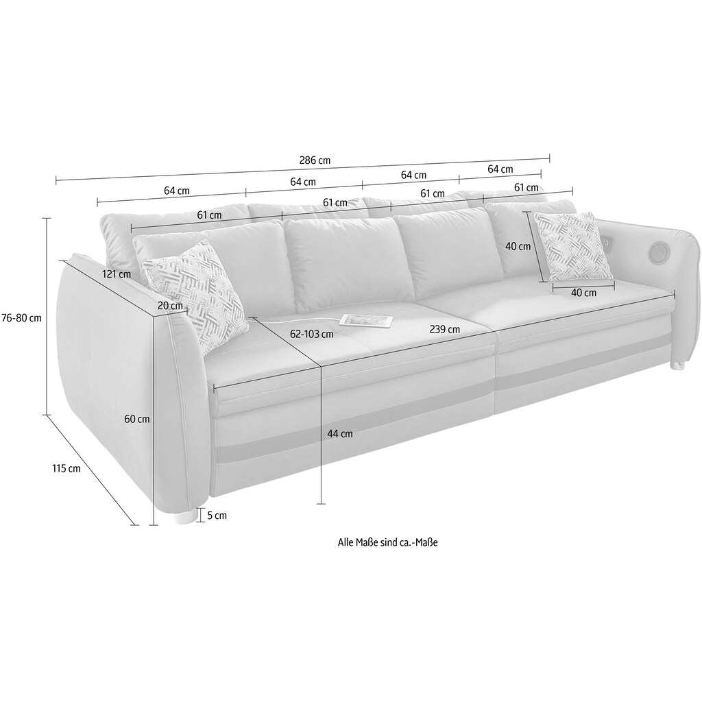 Jockenhöfer Gruppe Big-Sofa, inklusive RGB-LED-Beleuchtung und Soundsystem inklusive Bluetooth, USB-Ladestation, Touchpanel, frei im Raum stellbar