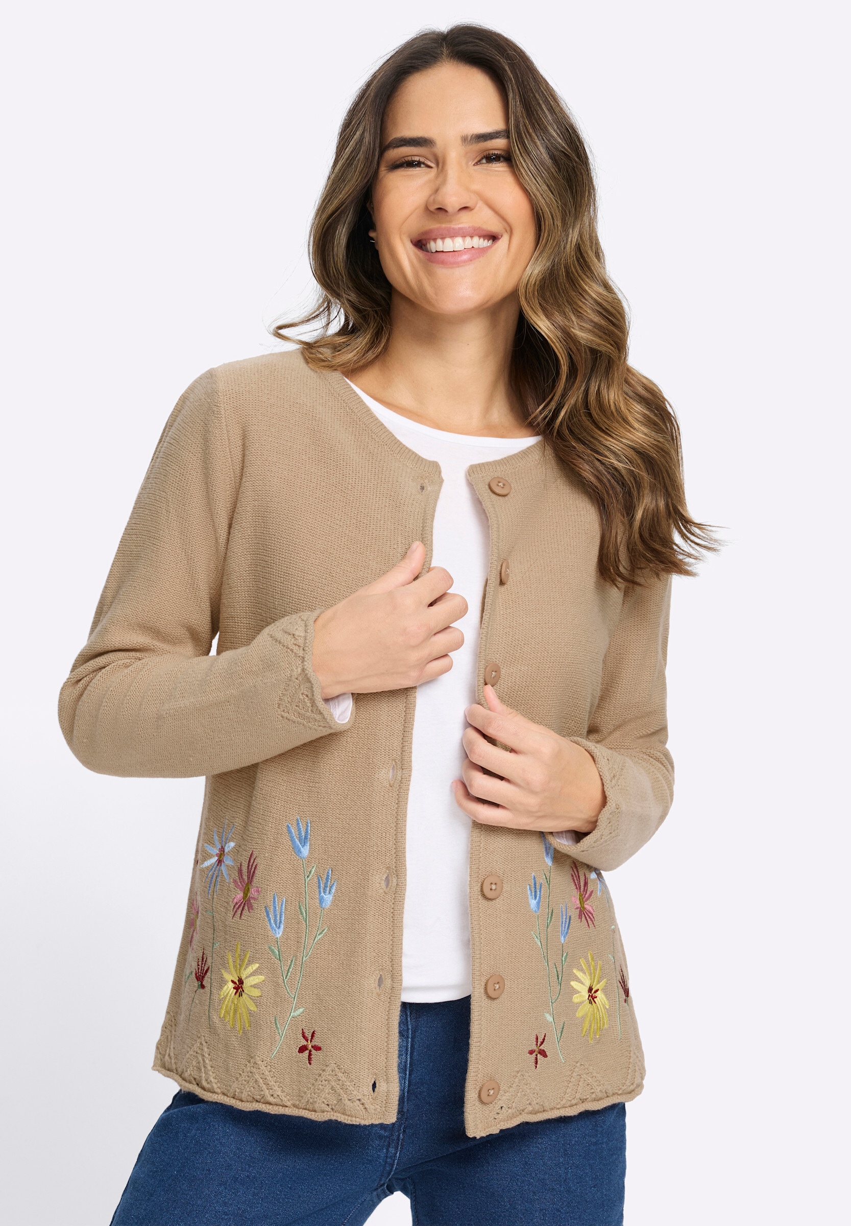 Sieh an! Strickjacke »Strickjacke Strickjacke mit Blütenstickerei«