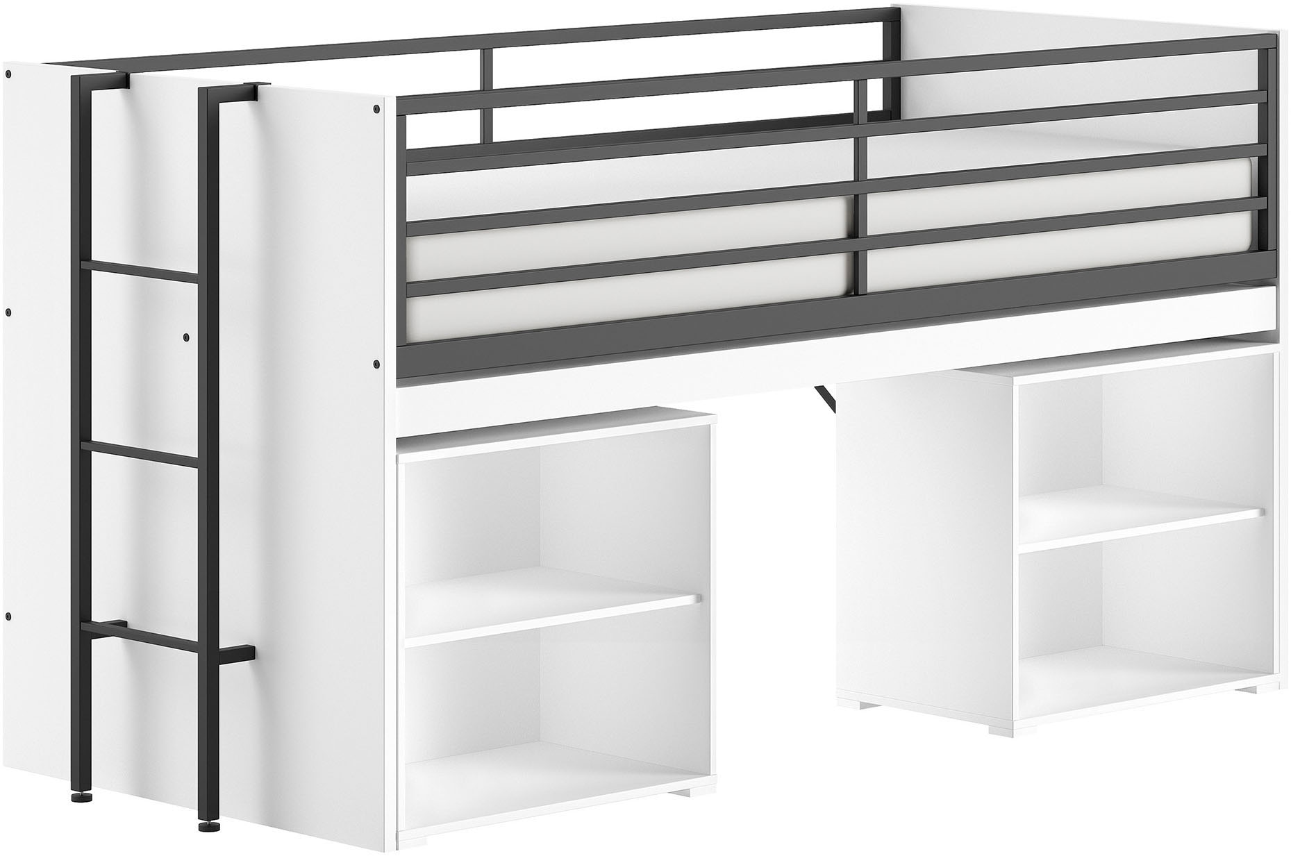 Vipack Stauraumbett »Sam, schlafen und arbeiten in einem, wahlweise Eiche- oder Weiß-Dekor« Liegefläche 90x200 cm, darunter eine große ausziehbare Schreibplatte,  mit Absturzschutz, Leiter u. 2 Regale, pflegeleichte Dekor Oberfläche