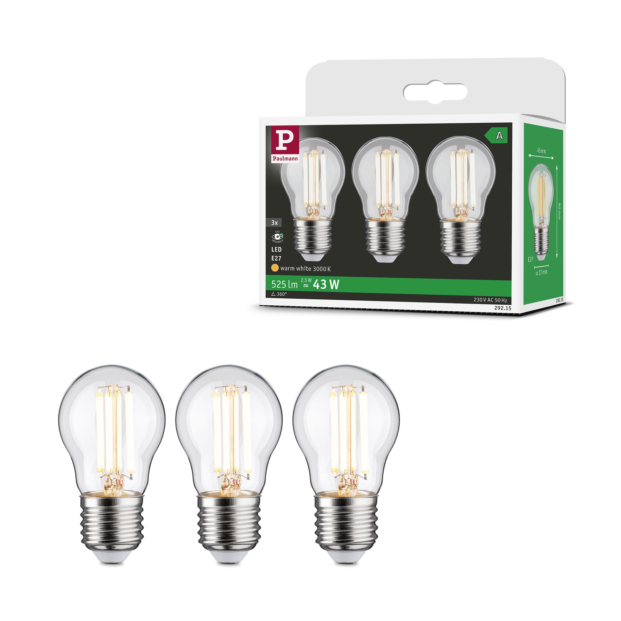 Paulmann LED-Leuchtmittel »Eco-Line 3er-Pack Tropfen 525lm 2,5W 3000K klar 230V« E27 3 Stk. Warmweiß
