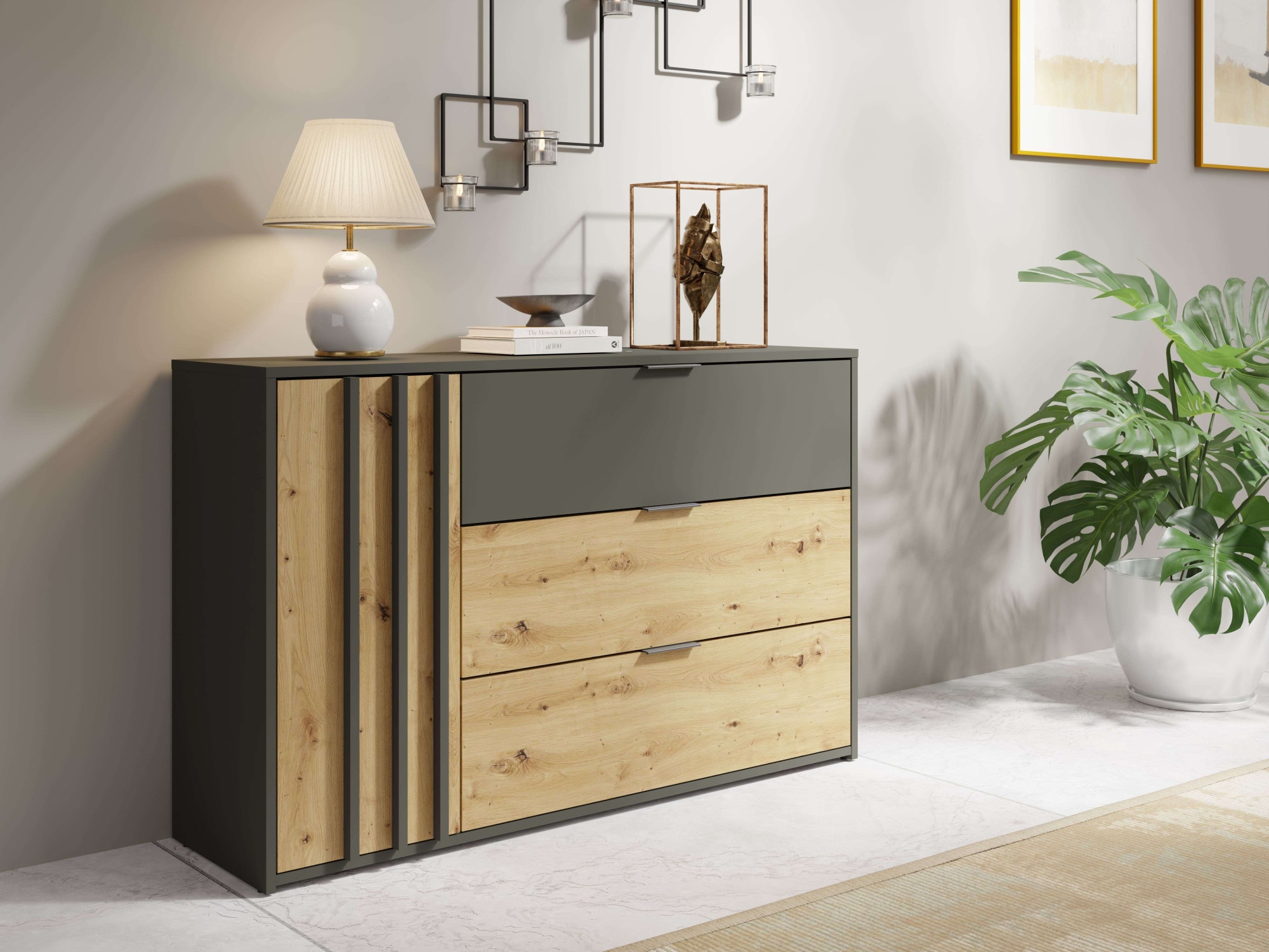 Home affaire Kommode "Kommode Loreto mit 3 Schubladen und eine Tür, B/T/H 125/36/80 cm" Kommode mit Schubladen und Drehtür sowie MDF-Lamellen