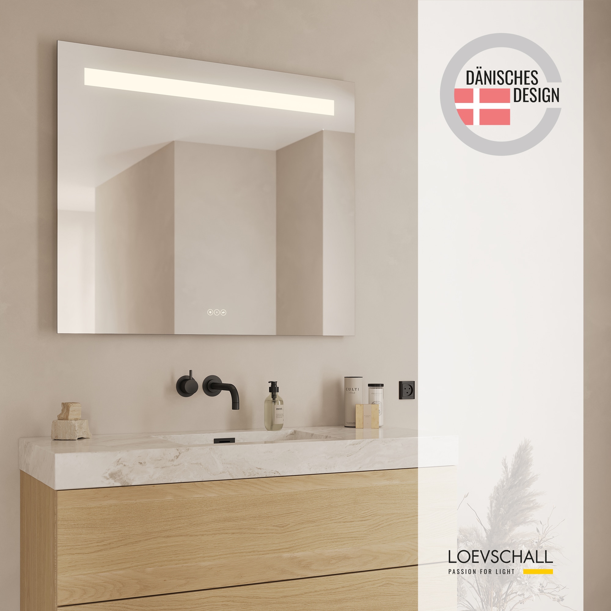 Loevschall Badspiegel »Lökken Quadratisch, Badzimmerspiegel mit LED Beleuchtung, Lichtspiegel«, Touchpanel für Lichtsteuerung, Verstellbarer Spiegel, Dänisches Design