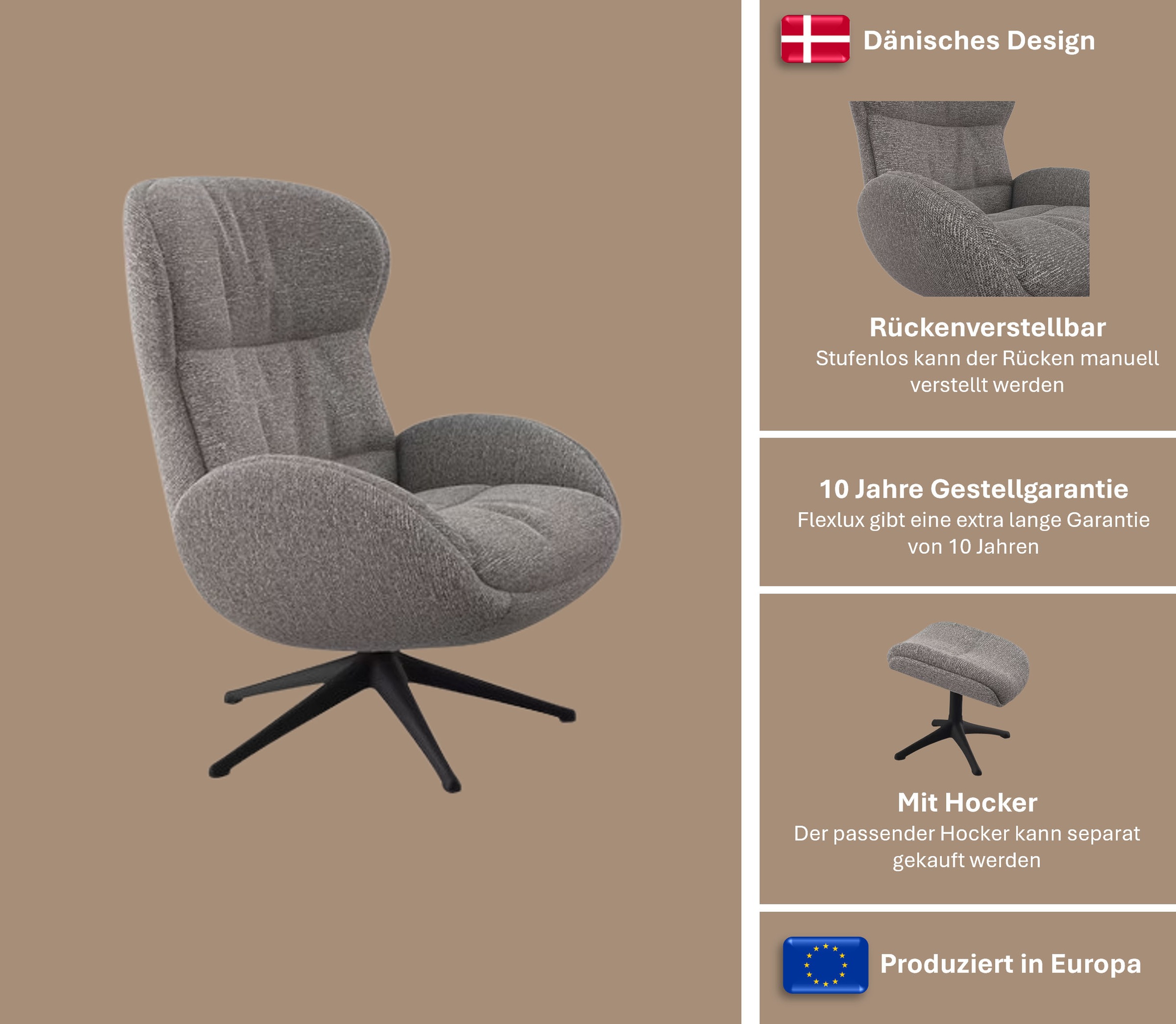 FLEXLUX Relaxsessel »Haze, TV-Sessel, Fernsehsessel, Polstersessel,«, Rückenteilverstellung, drehbar, Fuß schwarz