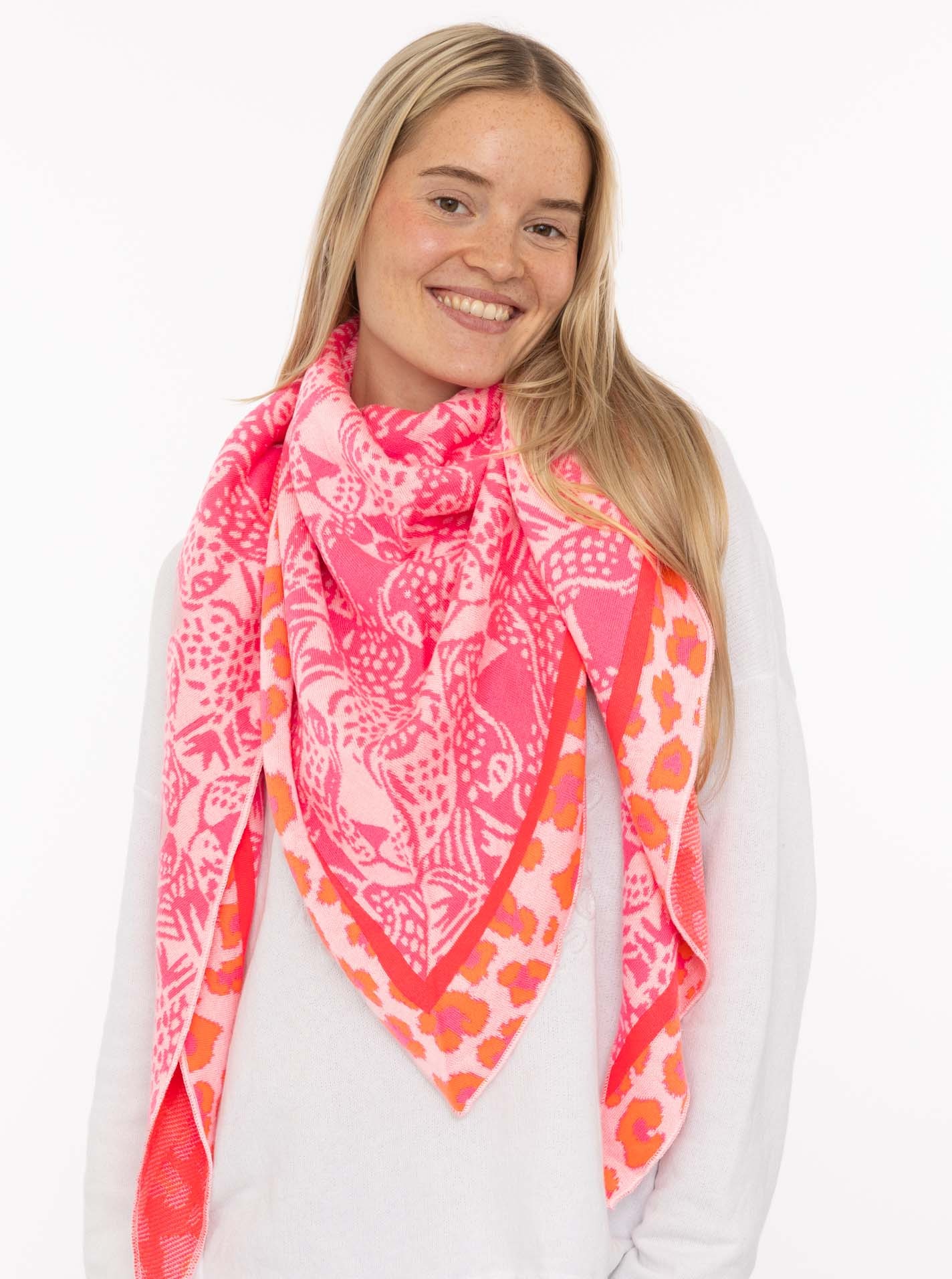 Zwillingsherz, Damen, Dreieckstuch »"Angry Leo"« Leopardmuster, Strick, wärmend, Orange Pink beige, Orange Pink beige, Dreieckstuch von Zwillingsherz