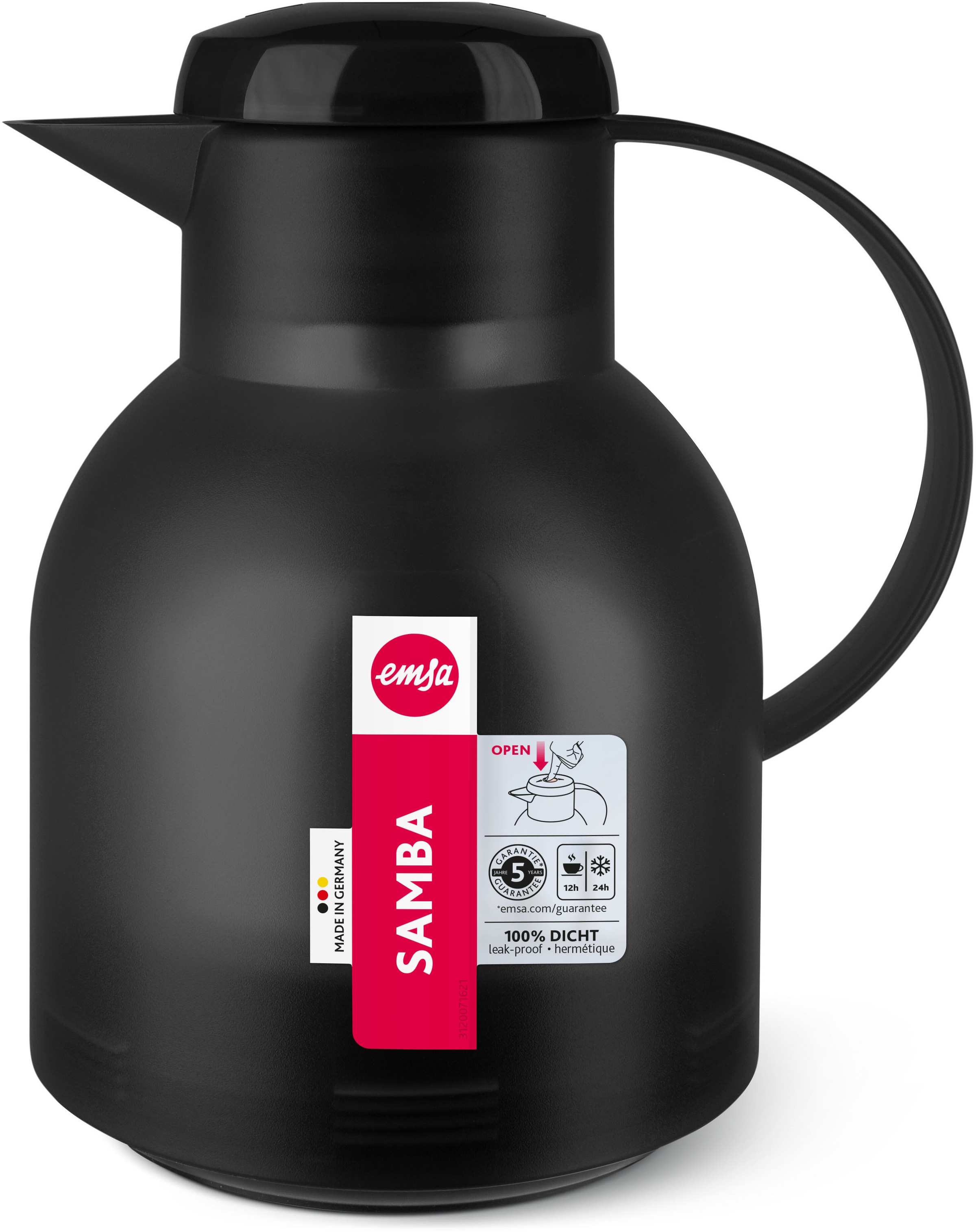 Emsa Isolierkanne »Samba« 1 l zeitloses Design, einfacher Knopfdruck, 24h kalt, 12h warm