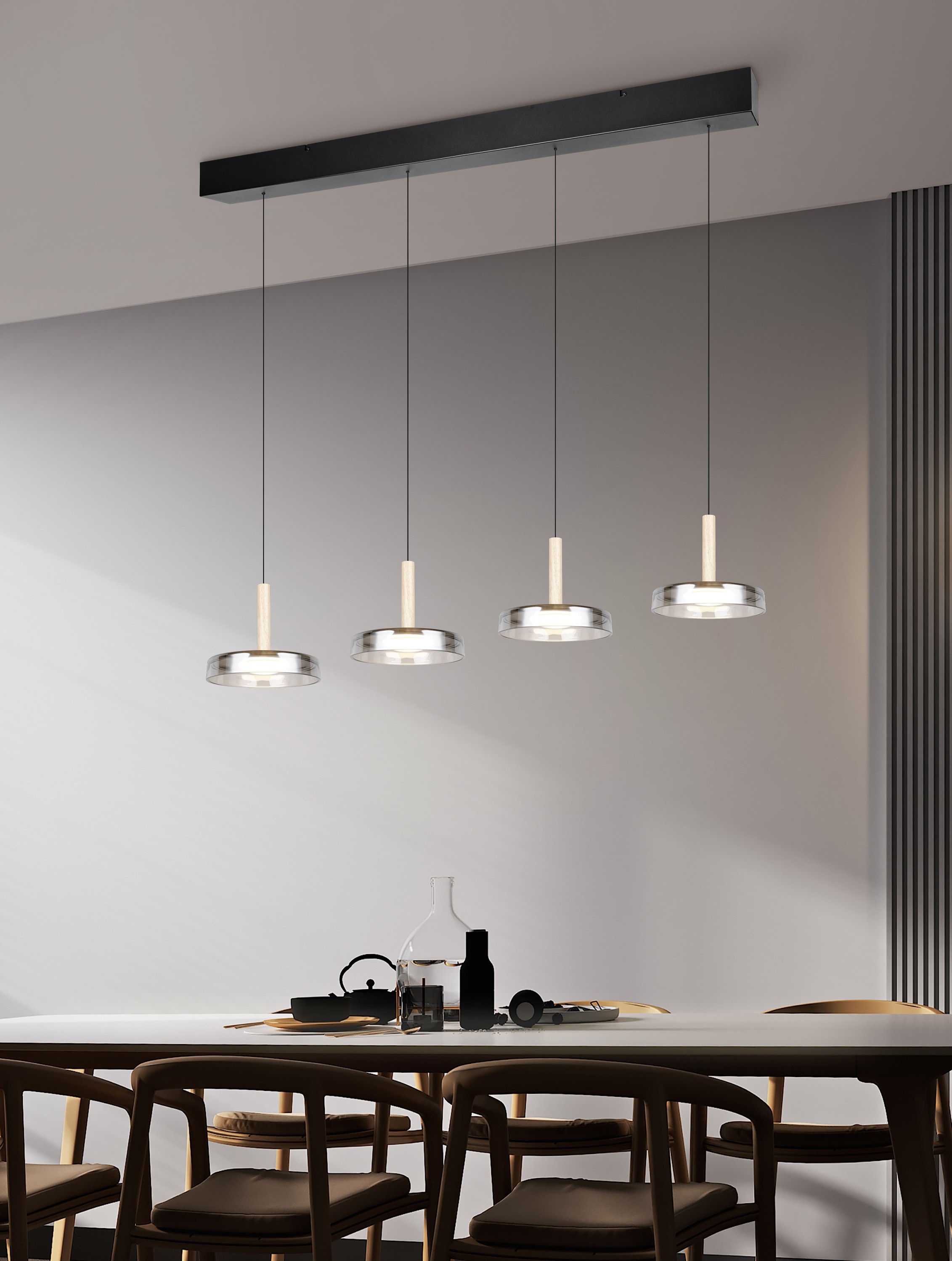 TRIO Leuchten LED Pendelleuchte »CELESTE dimmbare LED Hängelampe aus Metall Glas & Holz, 7,5W 750 Lumen« LED-Board 1 Stk. Warmweiß 4-flammig einfach höhenverstellbar von 50-200 cm 3-Stufen Dimmfunktion