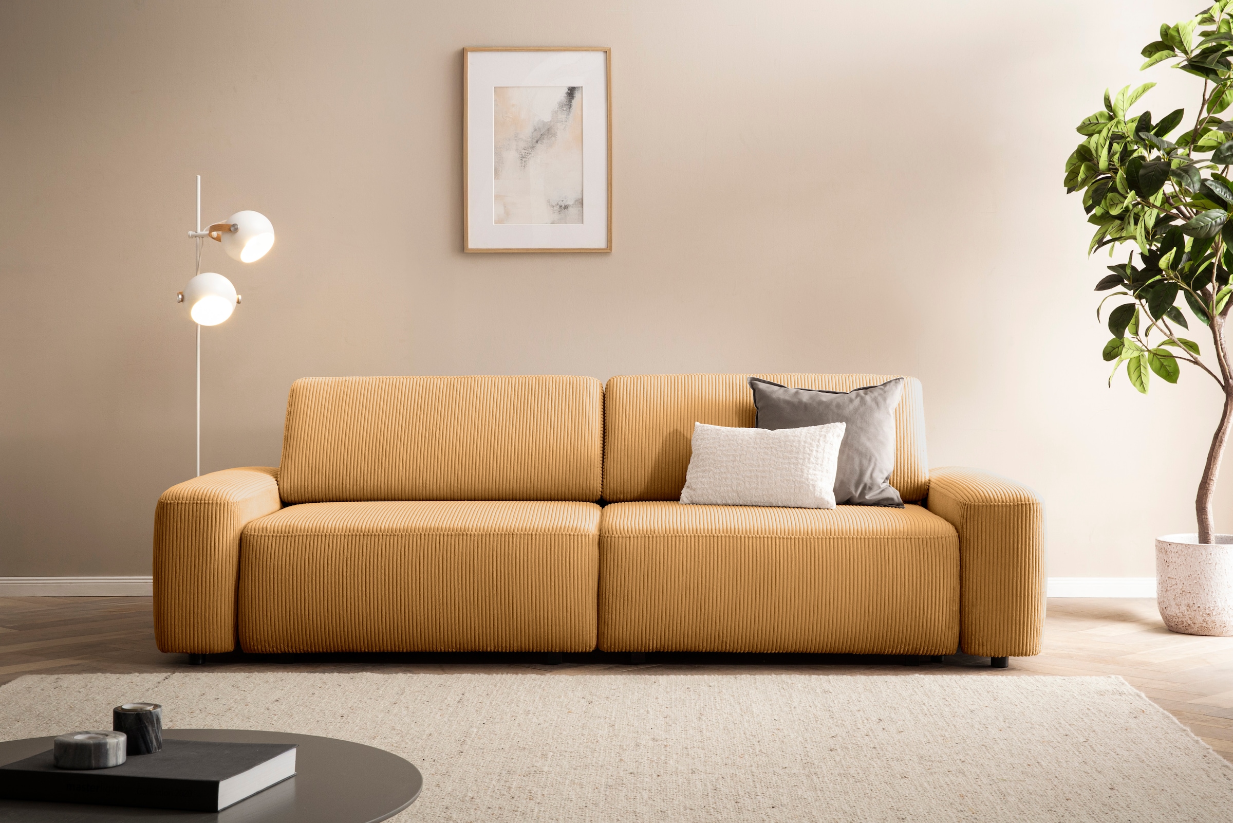 INOSIGN 3-Sitzer »TORGE (257cm), Sofa,Schlafsofa in Cord, Samtvelours, Struktur fein« rundes Design, Schlaffunktion u. Bettkasten, Liegefläche: 135/200 cm