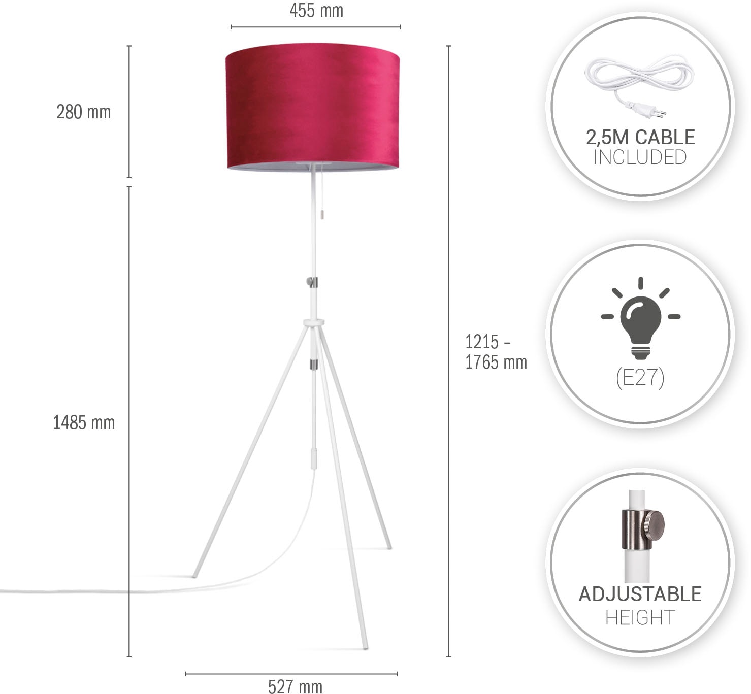 Paco Home Stehlampe »Naomi uni Color«, Leuchtmittel E27 | ohne Leuchtmittel, Wohnzimmer Höhenverstellbar 121,5 bis 176,5 cm Zugschalter Velour