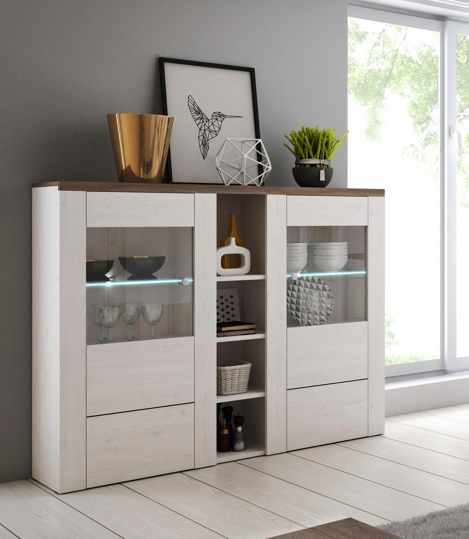 Home affaire Highboard »Larona, zeitlose Hochkommode mit 2 Türen, Türkommode, Höhe 129,5 cm,«, Anrichte mit dekorative Rahmenoptik, Türen mit Glaseinsatz
