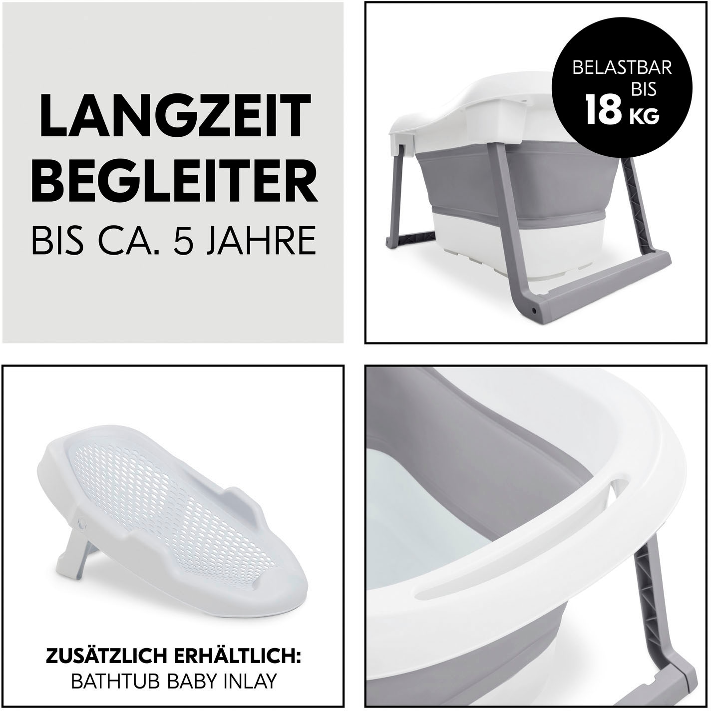 Hauck Babybadewanne »Wash N Fold L, White/Stone« Höhe 44 cm Standbeine | wärmeempfindlicher Ablaufstopfen | zusammenfaltbar Faltbadewanne mit Wassertemperaturmessung am Ablaufstopfen