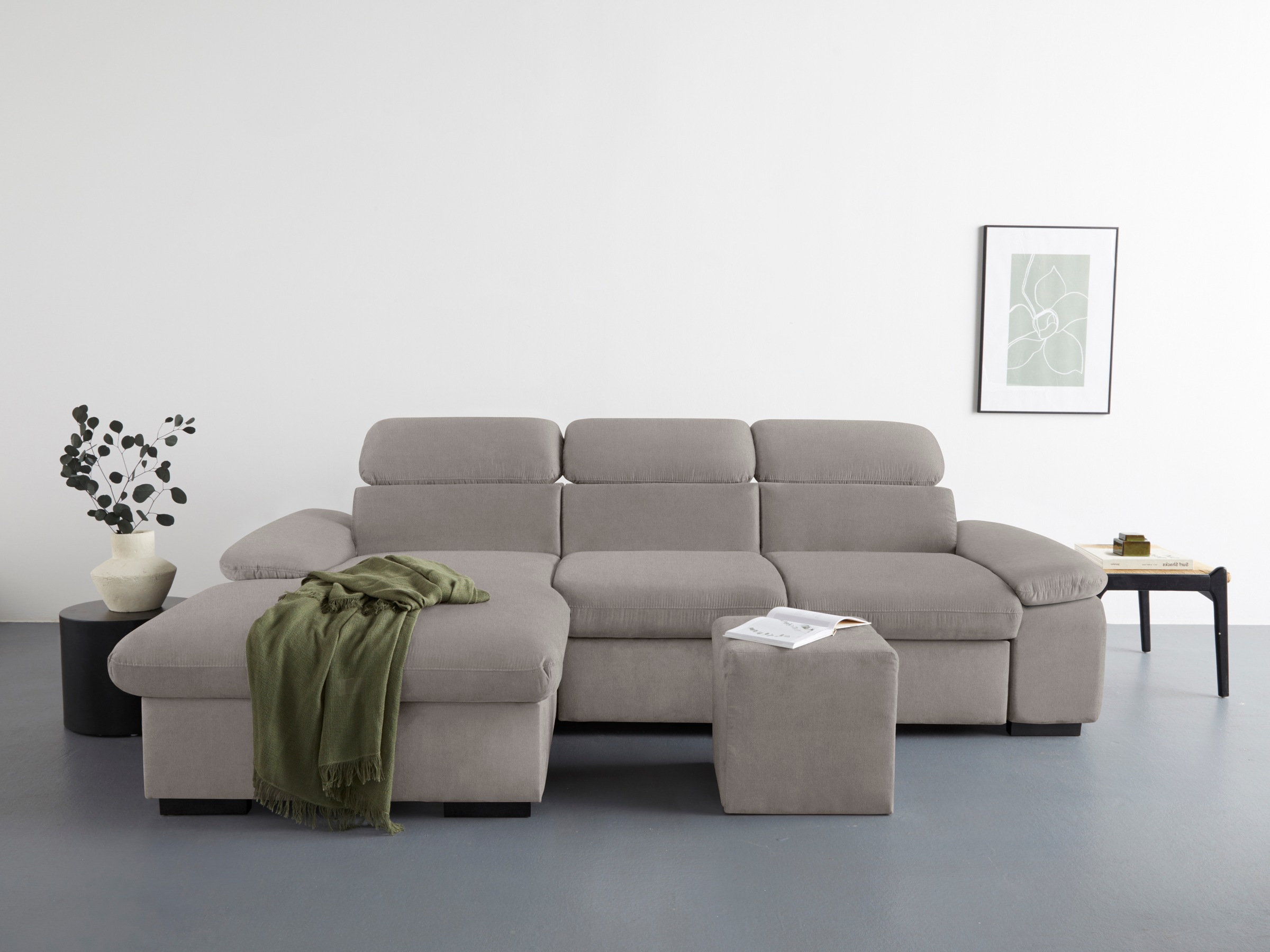 COTTA Ecksofa »Lola L-Form mit Kopfteilfunktion & Hocker«, (Set, mit Hocker), wahlweise mit Bettfunktion, Bettkasten & Armteilverstellung