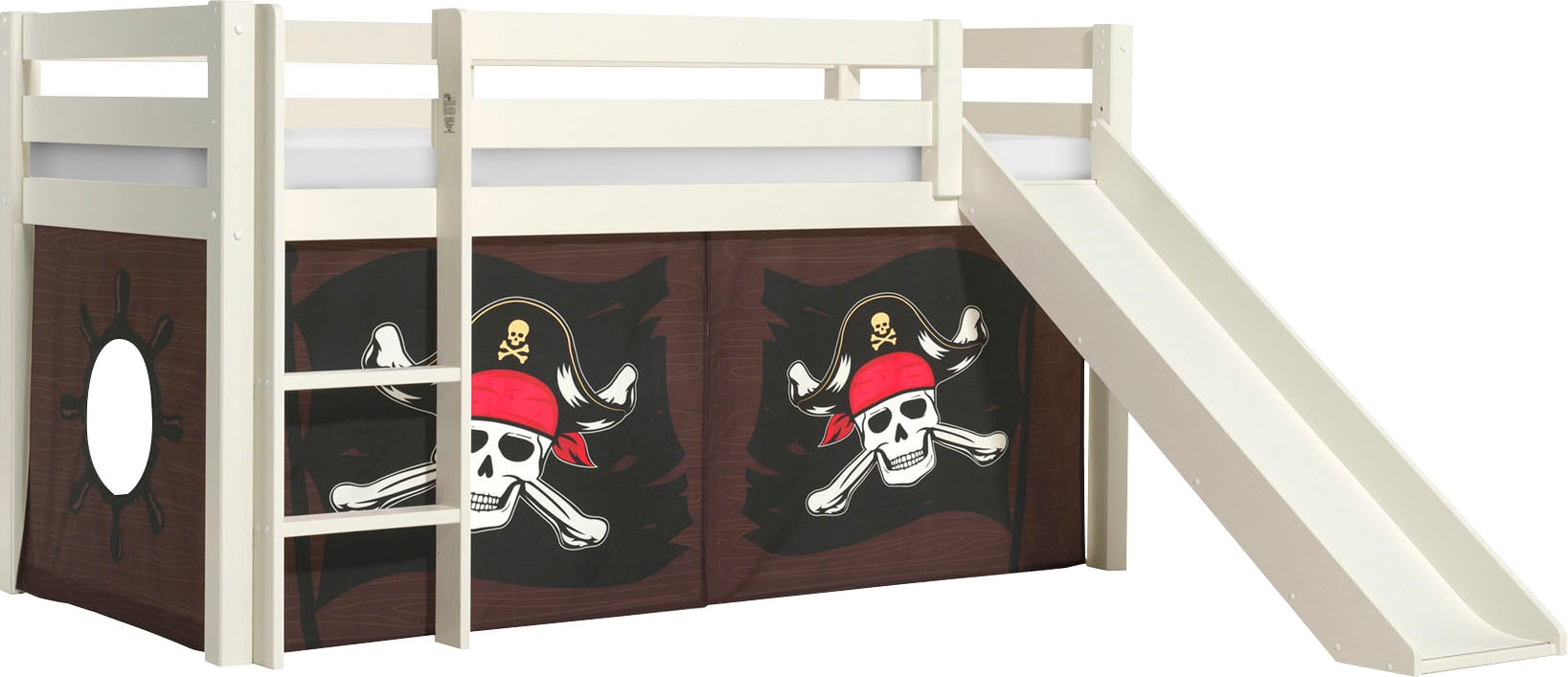 Vipack Spielbett »Pino, Kiefer massiv, mit Rolllattenrost u. Textil-Set, Made in Europe«, (B/H/T ca. 210x114x218cm, mit Absturzschutz, Leiter und Rutsche), verschiedene Textil-Designs und Holzfarben zur Wahl