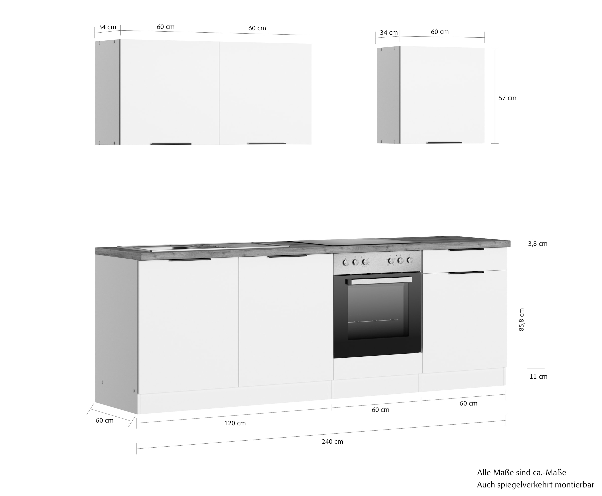 KOCHSTATION Küchenzeile »KS-Lagos2, Breite 240 cm« wahlweise mit E-Geräten, mit 38mm starker Arbeitsplatte