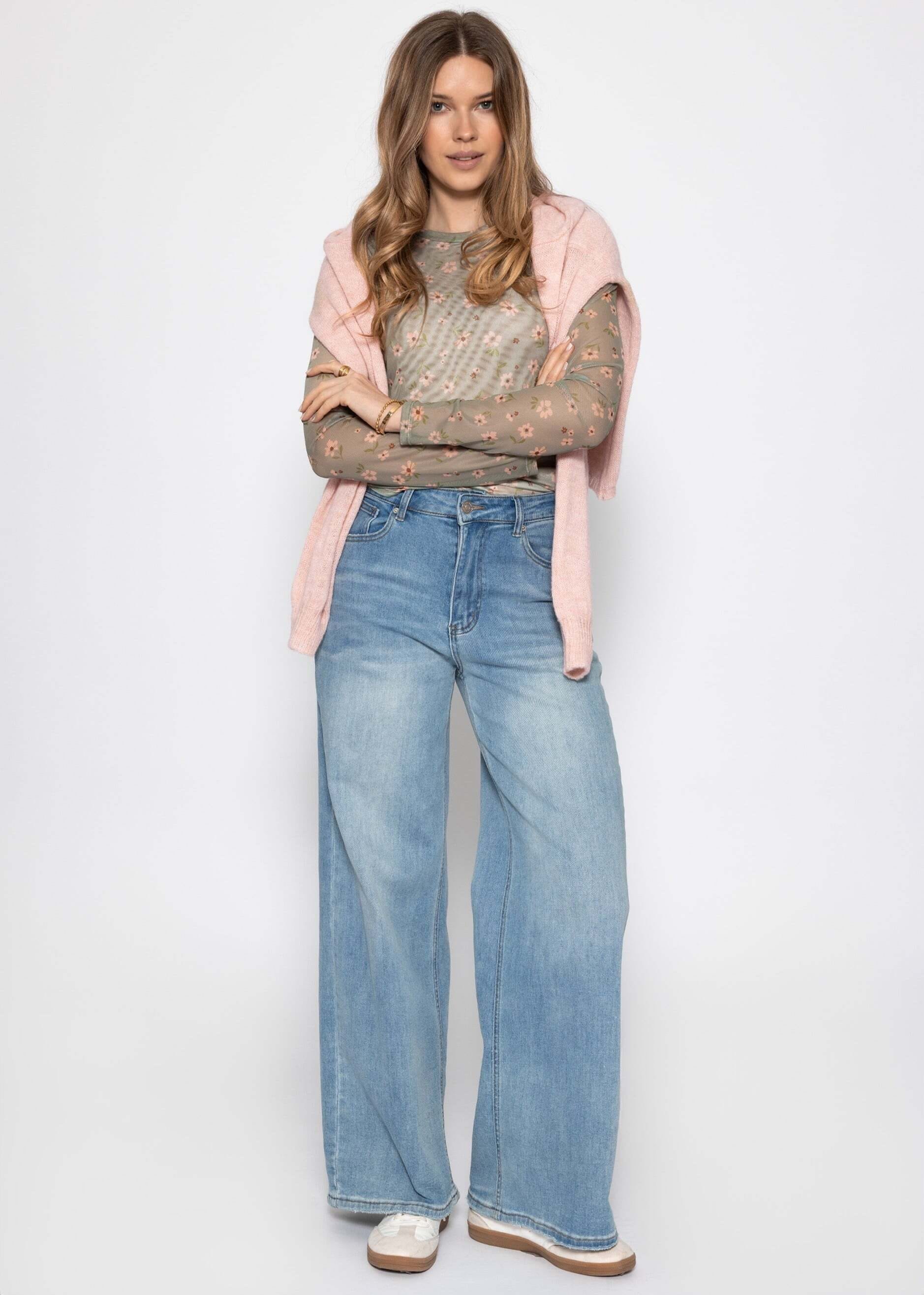 SASSYCLASSY Langarmshirt »Mesh Langarmshirt mit Blumen-Print« Vespieltes Shirt mit gefütterter Vorderseite und Rundhalsausschnitt
