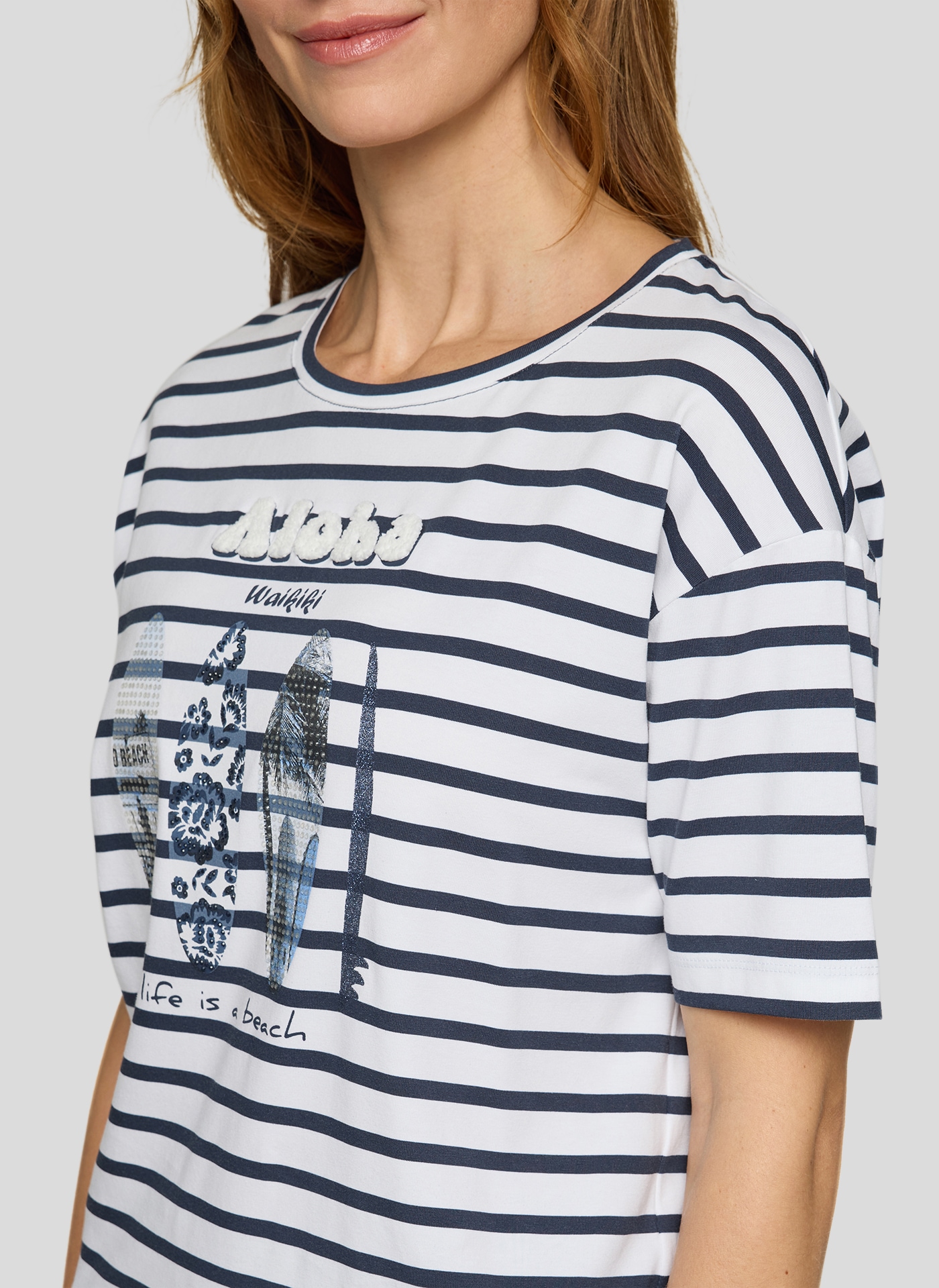 Rabe Kurzarmshirt im Streifen-Design und mit Glitzersteinen