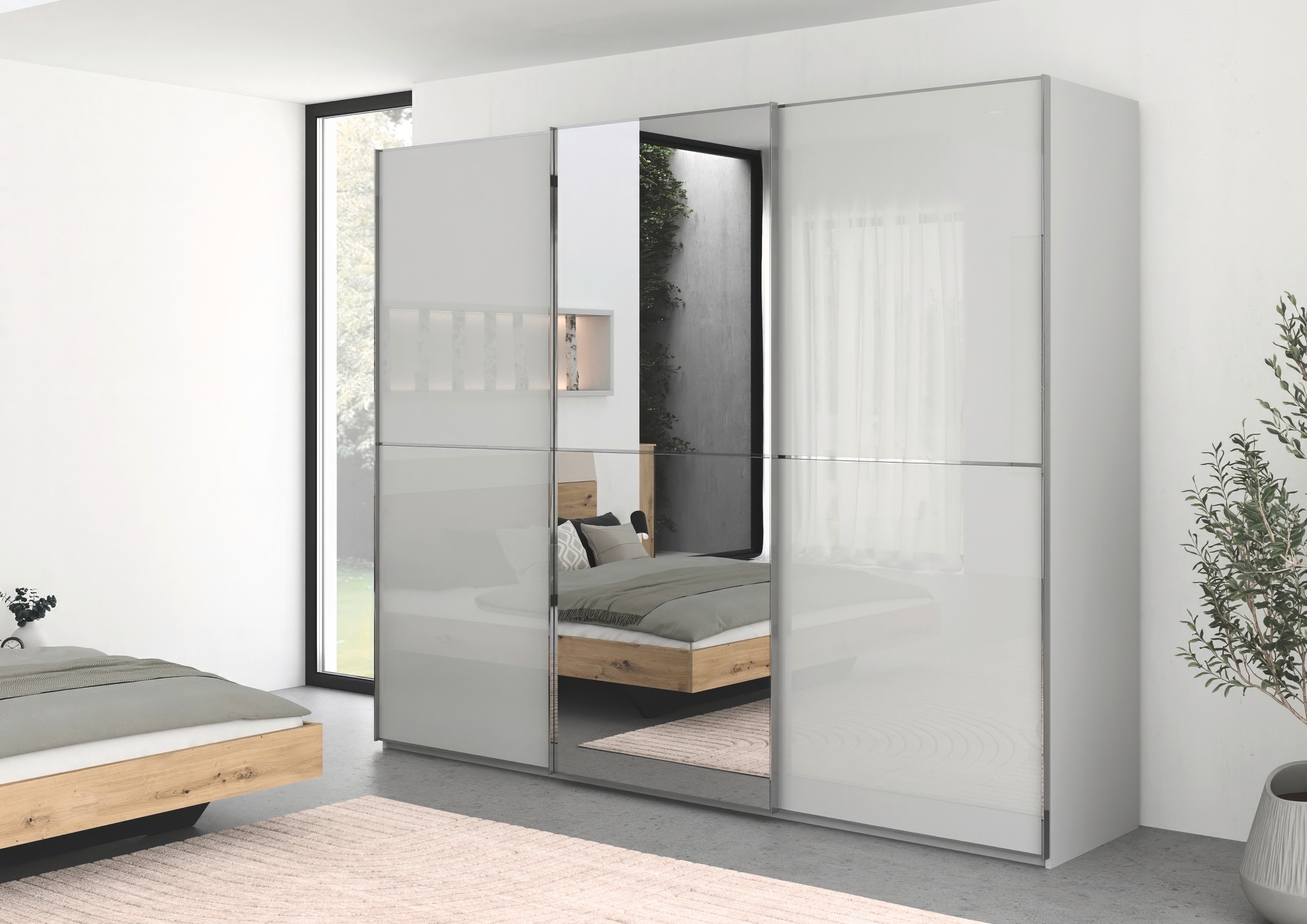 rauch Schwebetürenschrank »Kleiderschrank Schrank Garderobe Schlafzimmerschrank SCALE-DUO«, edle zweigeteilte Türen Spiegel/Glas-Mix 3 Zierleisten MADE IN GERMANY