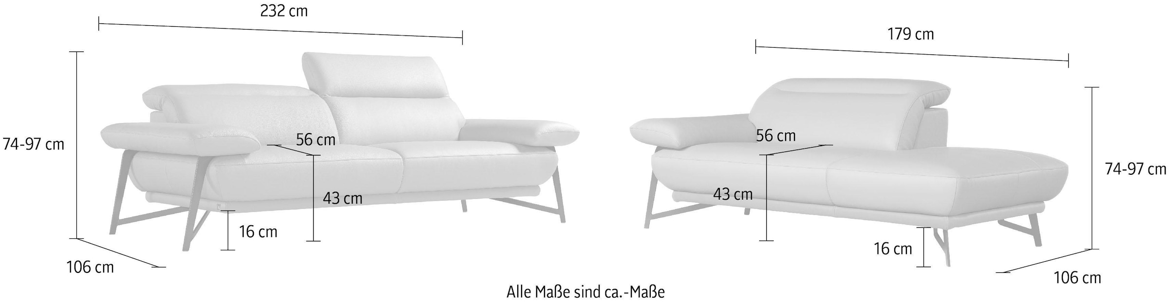 Egoitaliano Sofa »Anais, erstklassiger Sitzkomfort, Fußfarbe chrom« Set, Kopfteil verstellbar, Luxus-Microfaser Lederoptik, opal grau