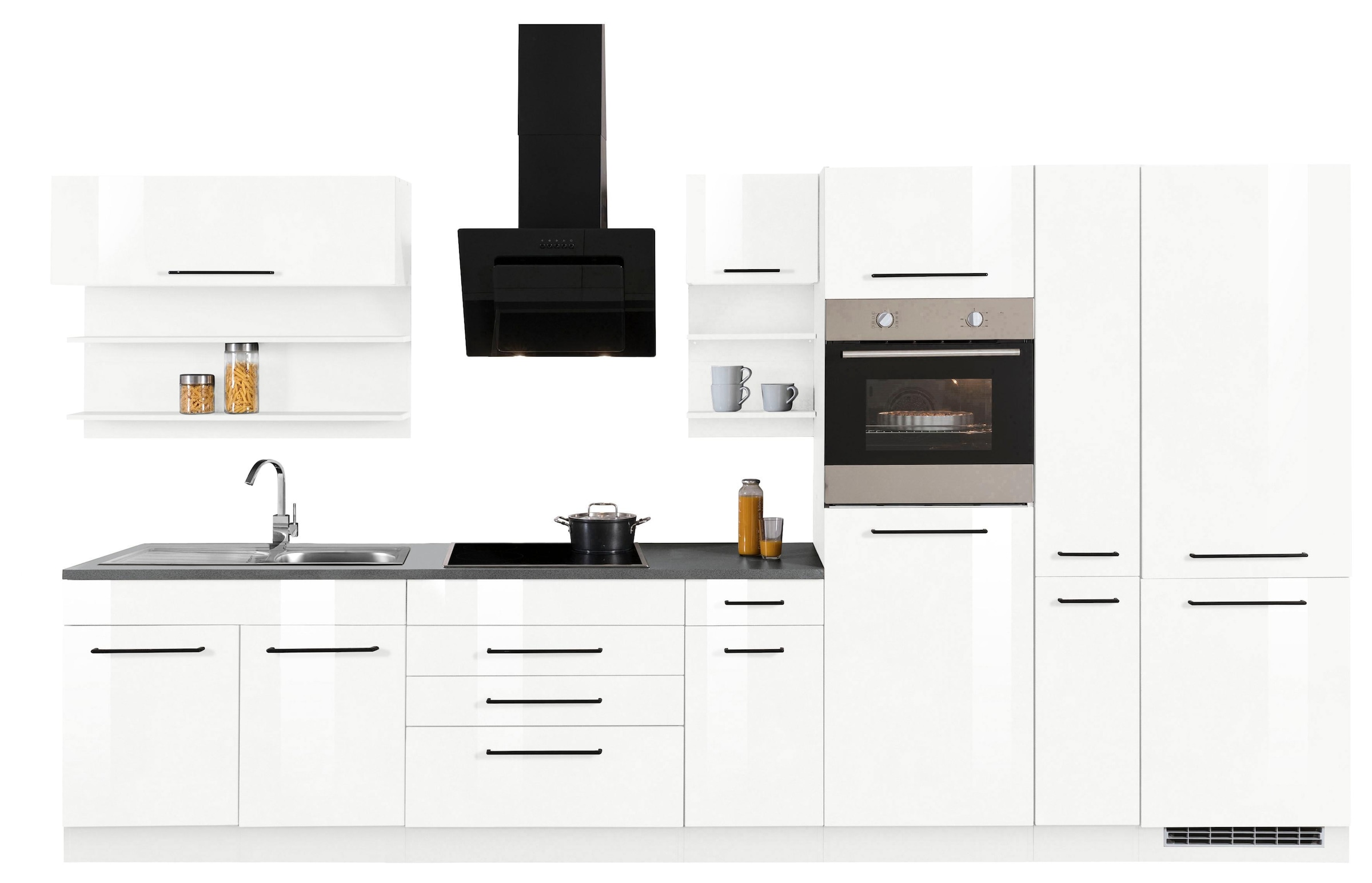 KOCHSTATION Küchenzeile »KS-Tulsa« mit E-Geräten, Breite 380 cm, schwarze Metallgriffe, MDF Fronten