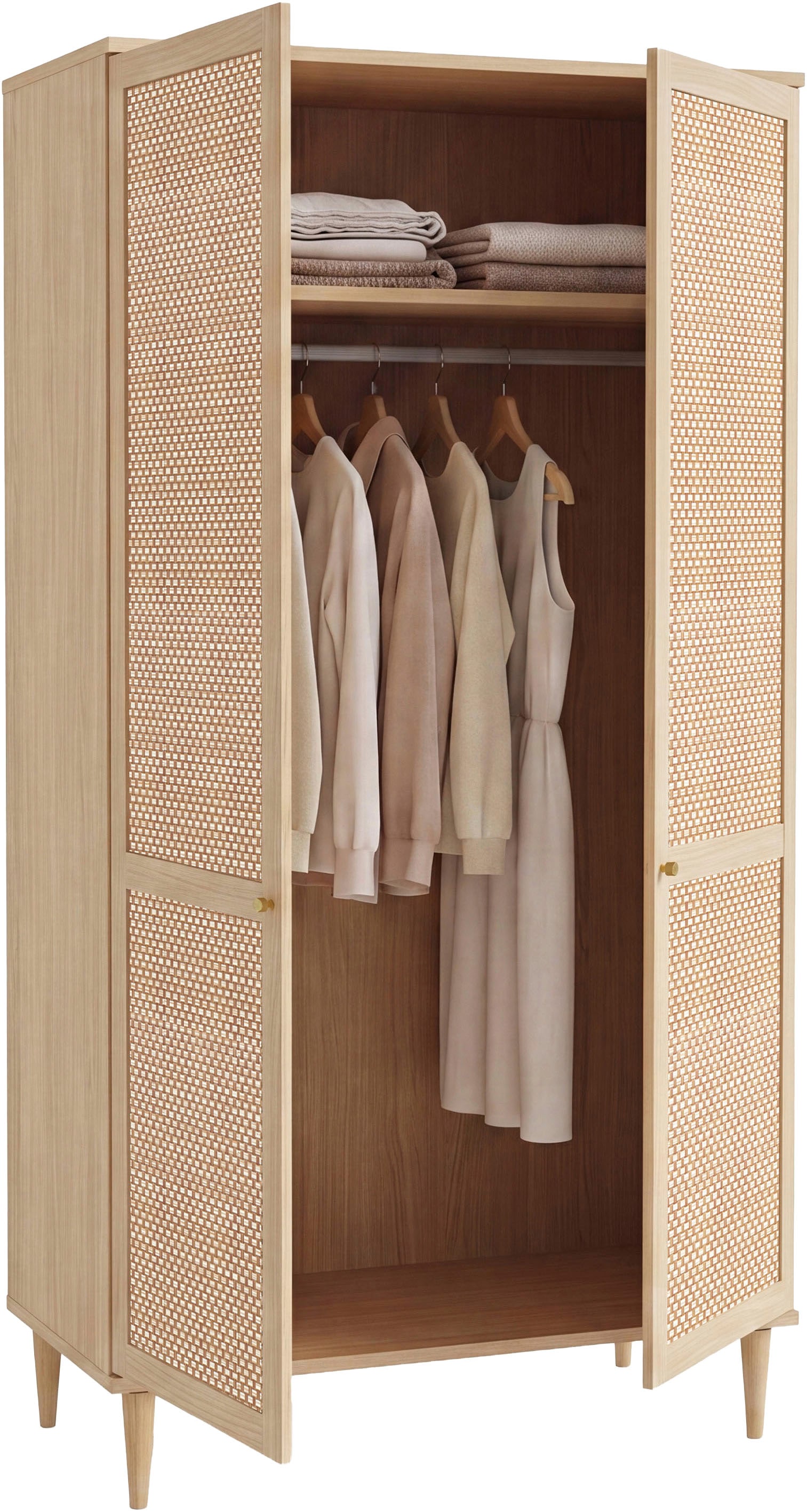 OTTO home Kleiderschrank »ELLIAN mit natürlicher Geflechtoptik und warmem Holzdekor« Holzfüße, Metallgriffe, Made in EU, viel Stauraum, FSC® zertifiziert