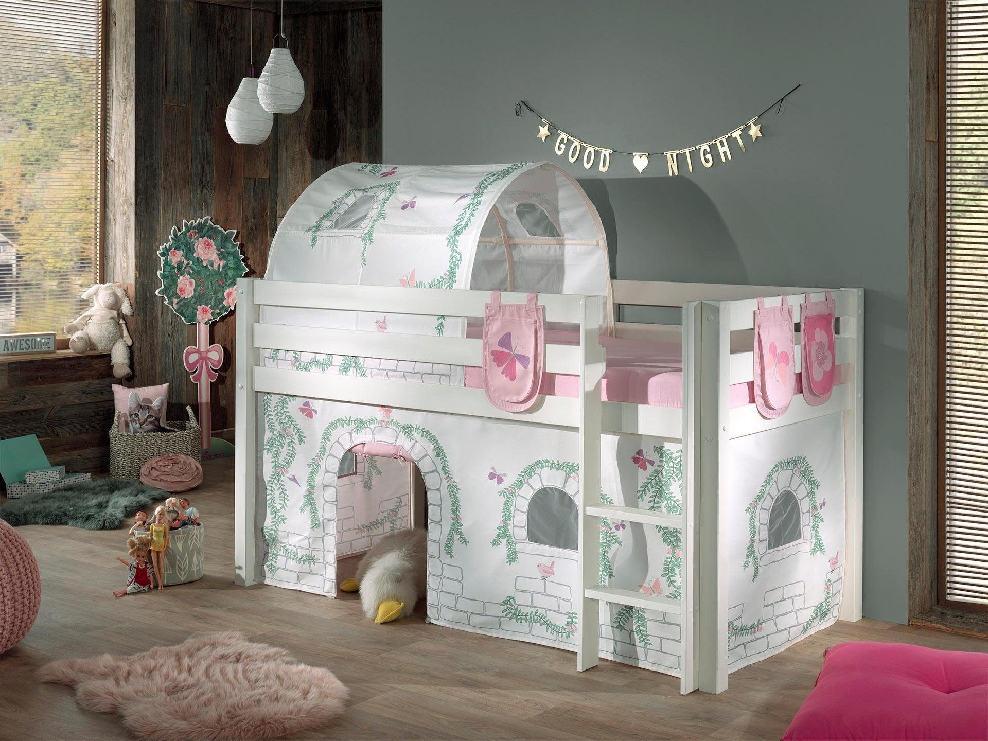 Vipack Hochbett »Pino, Spielbett massiv Kiefer, stabil gebaut, 3 Korpusfarben zur Wahl«, (inkl. Rolllattenrost, Leiter und Absturzschutz, mit oder ohne Rutsche), Textil-Set "Astronaut", inkl. Vorhang, mit oder ohne Tunnel