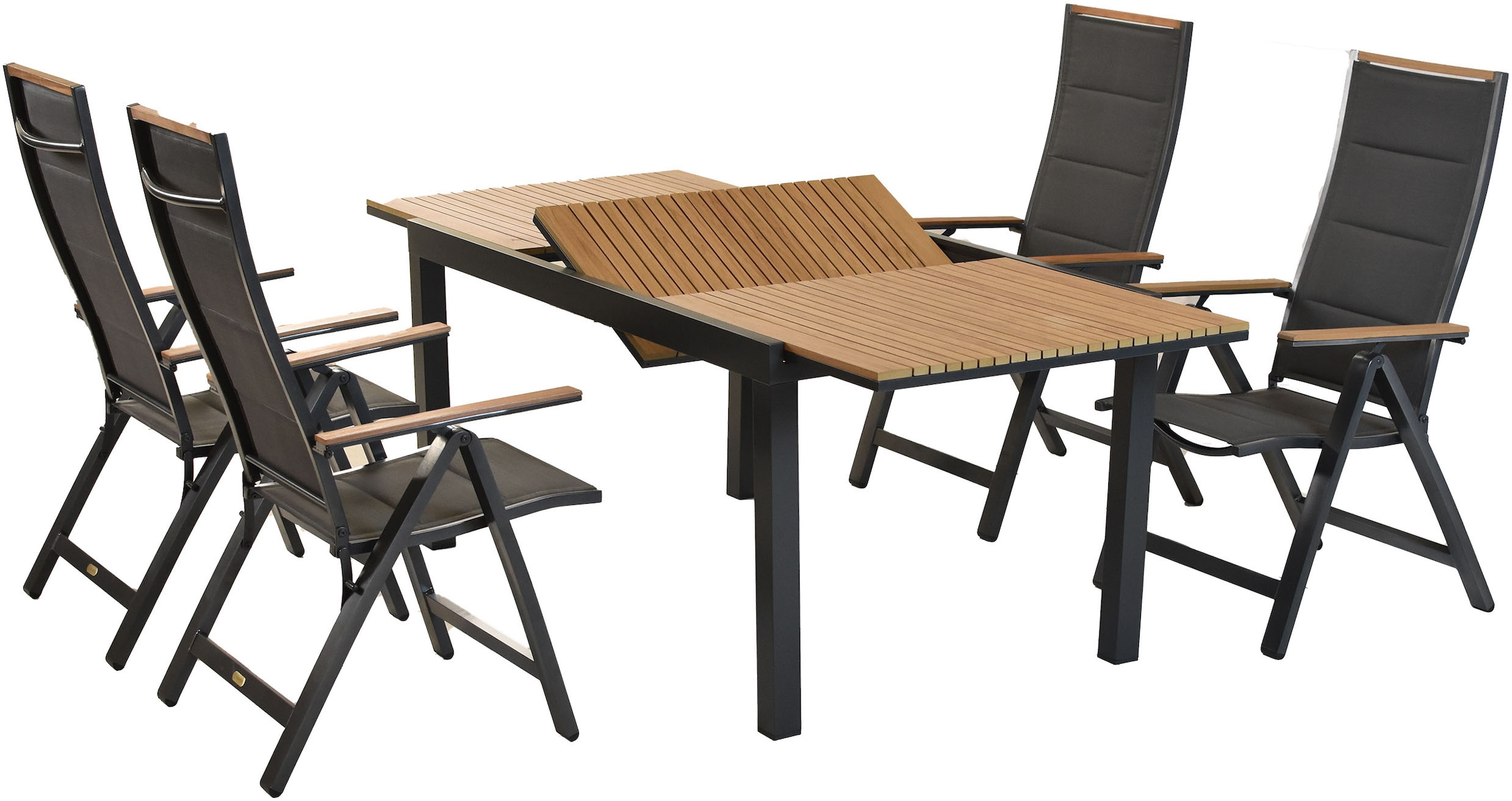MERXX Garten-Essgruppe »»Verona«« Set, 5 Stk. tlg. Armlehnen, Rückenabschluss und Tischplatte aus Kunststoff in Holzoptik