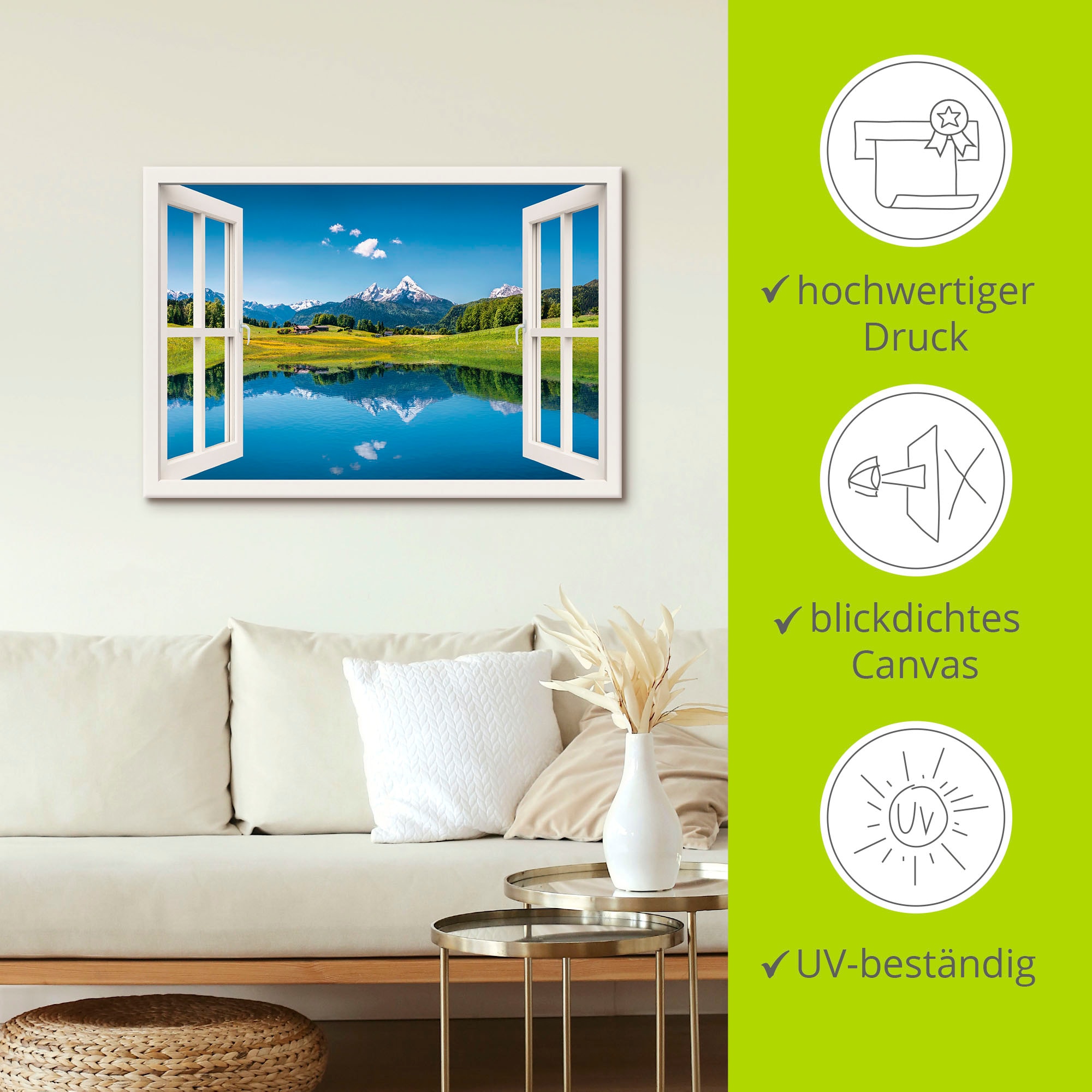 Artland Wandbild »Fensterblick Alpen und Bergsee«, Berge, (1 St.), als Leinwandbild, Poster, Wandaufkleber in verschied. Größen