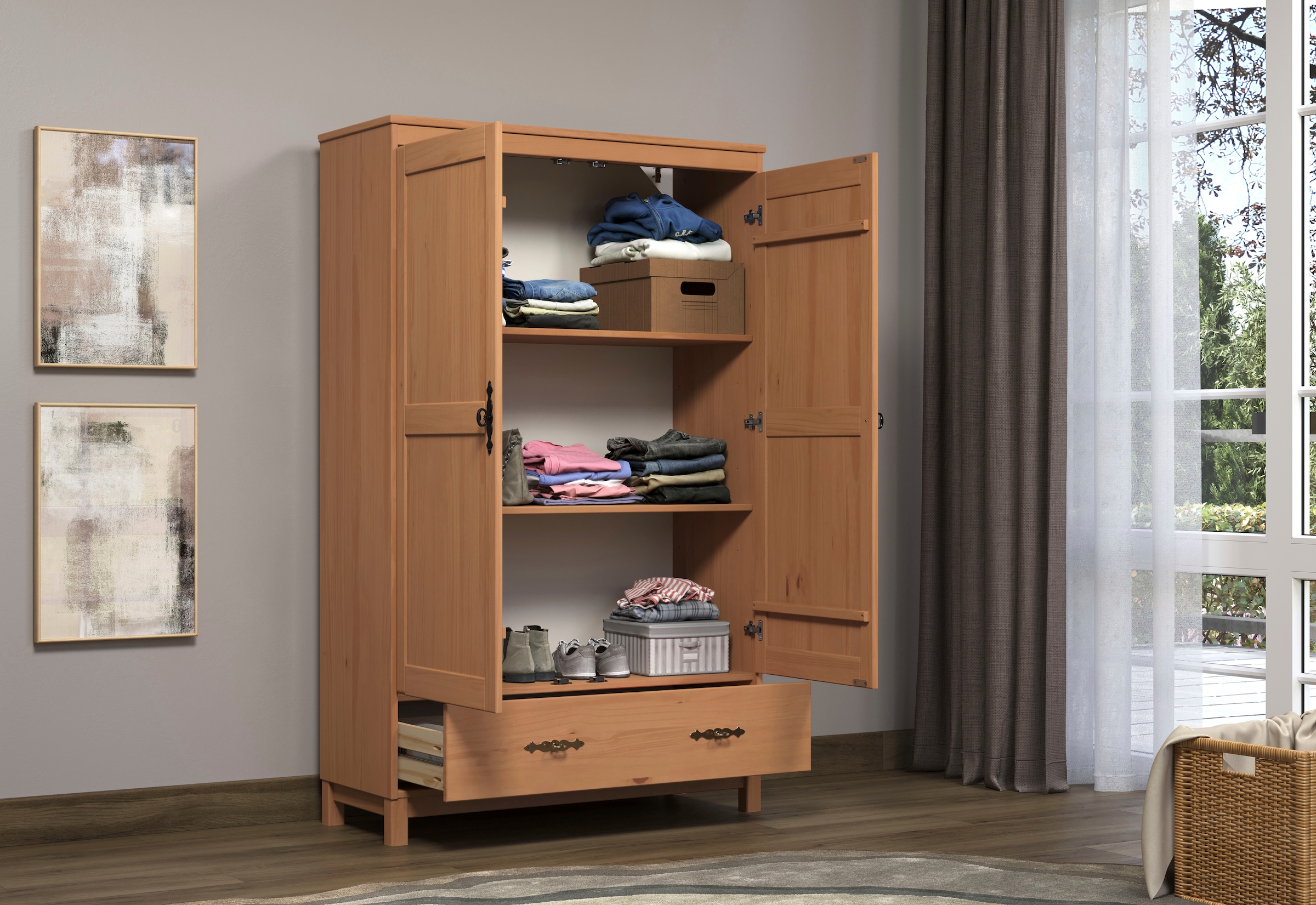 Home affaire Kleiderschrank »Sandnes Kieferschrank Schlafzimmer Schrank TOPSELLER weiß«, (1 St., natürlicher Landhaus-Look B/T/H: 96x38x155cm), Drehtürenschrank aus Massivholz mit besonderen Metallgriffen