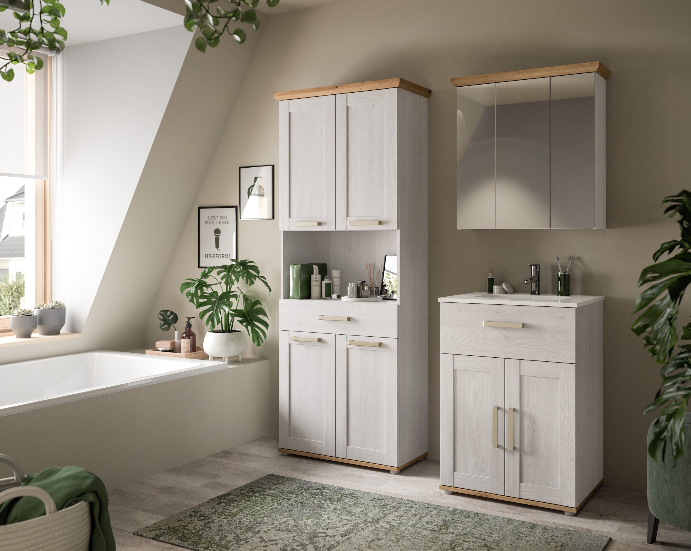 welltime Waschtisch »COSENZA, inkl. Keramik-Waschbecken, 2 Türen, 1 Schubkasten« in Landhausoptik, mit weiteren Artikel der Serie kombinierbar, 2 Stk. tlg. Waschbecken, Waschbeckenschrank, Badezimmer, Bad, Waschtisch, Kommode