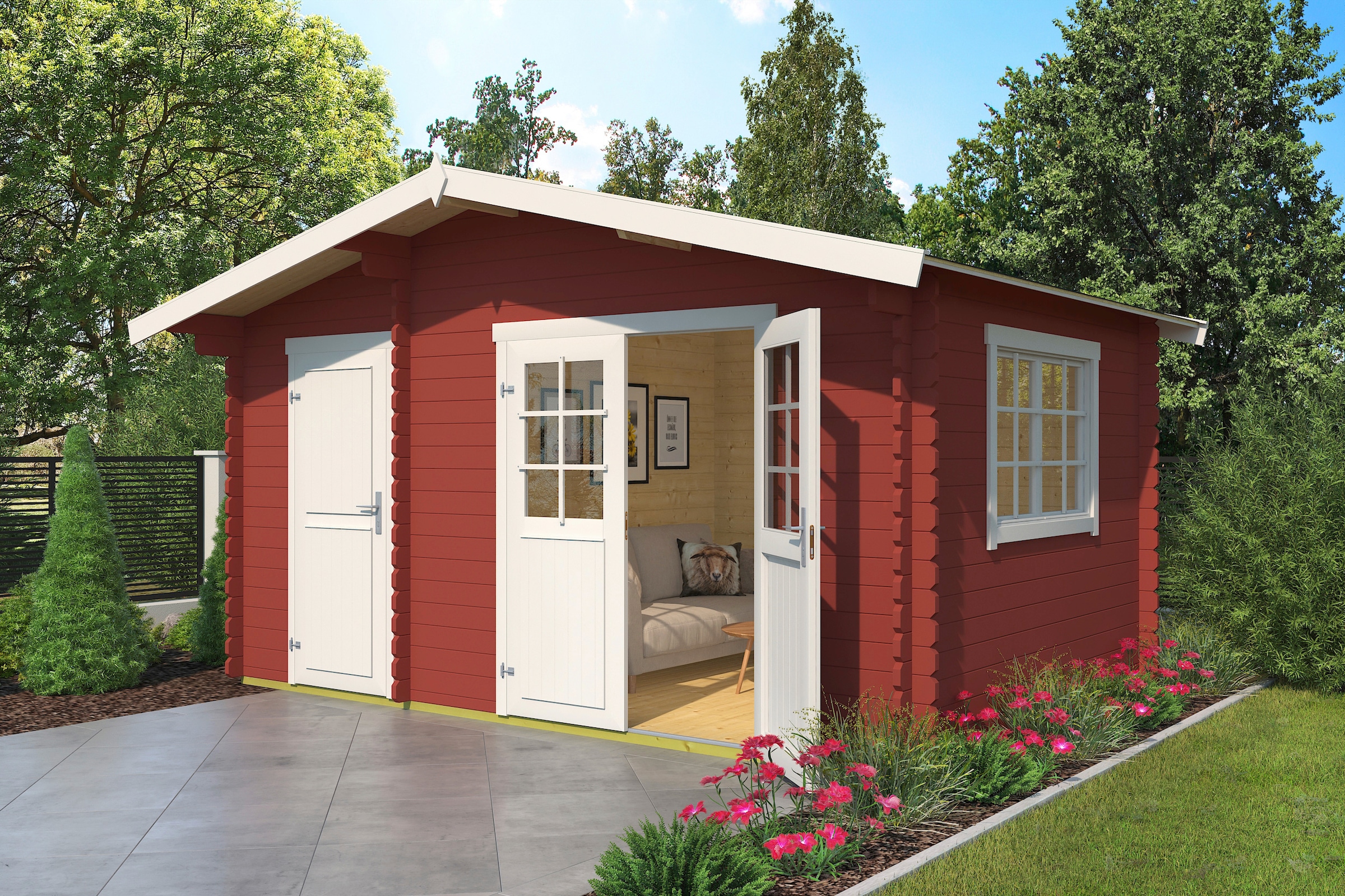 LASITA MAJA Gartenhaus »Keila 28«, (Set), Blochbohlenhaus 34mm 2-Raum, Fundamentmass 4250x2800, Schwedenrot