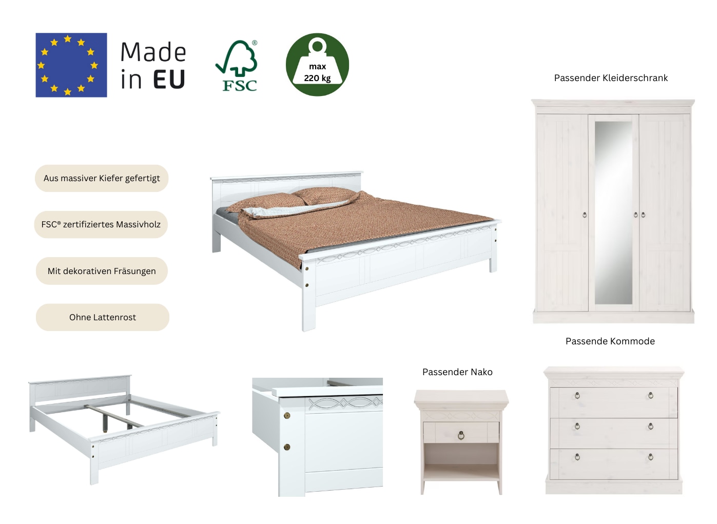 Home affaire Massivholzbett »Indra, TOPSELLER, Landhausstil, edles Design,zertifiziertes Massivholz«, (Breite/Belastbarkeit 180cm/220 KG, 140cm/180 KG, 90cm/120 KG), mit dekorativen Fräsungen, in 2 Breiten und Farben