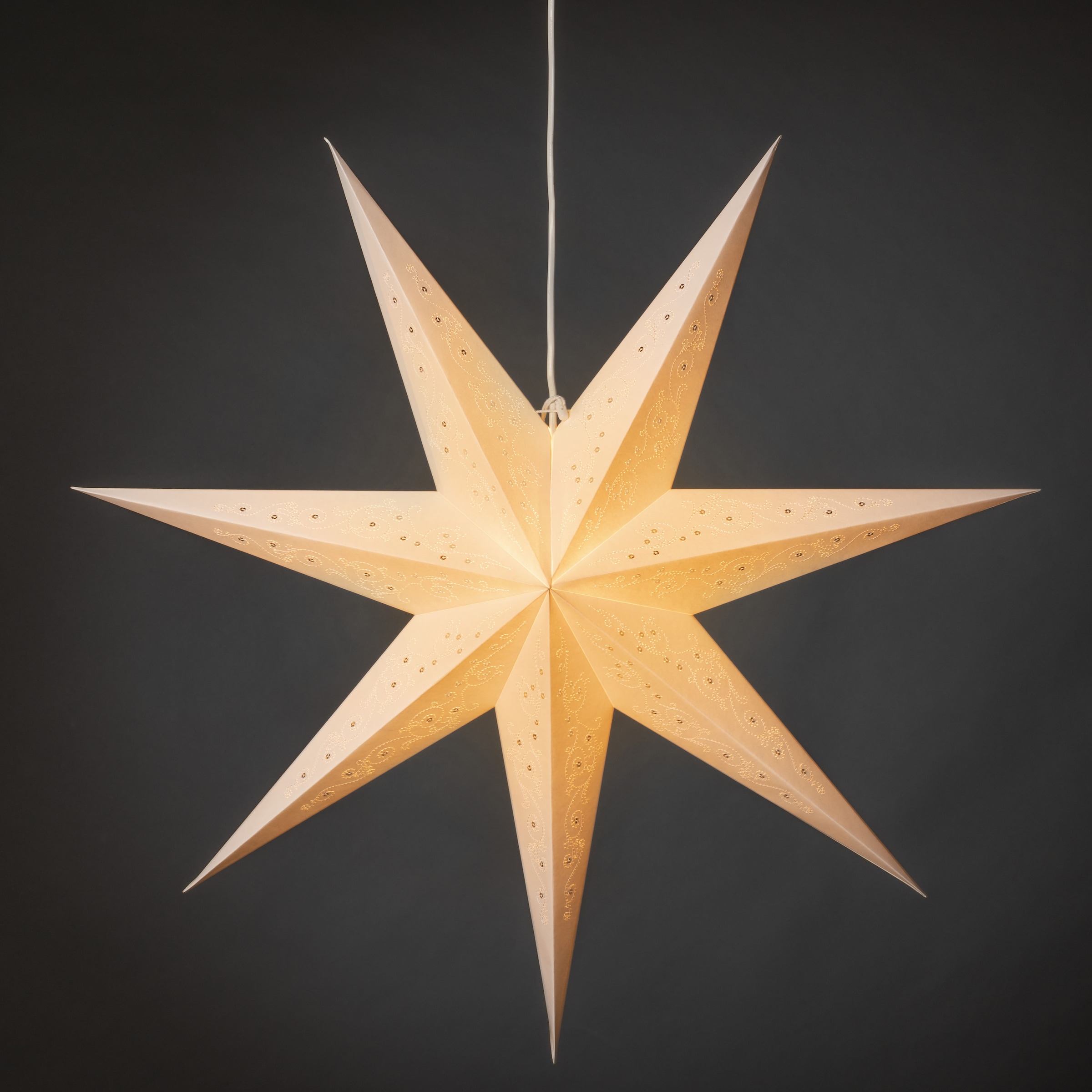 KONSTSMIDE Dekostern »Weihnachtsstern, Weihnachtsdeko«, (1 St.), weißer Papierstern, LED Stern, gesticktem weißen Muster, 7 Zacken