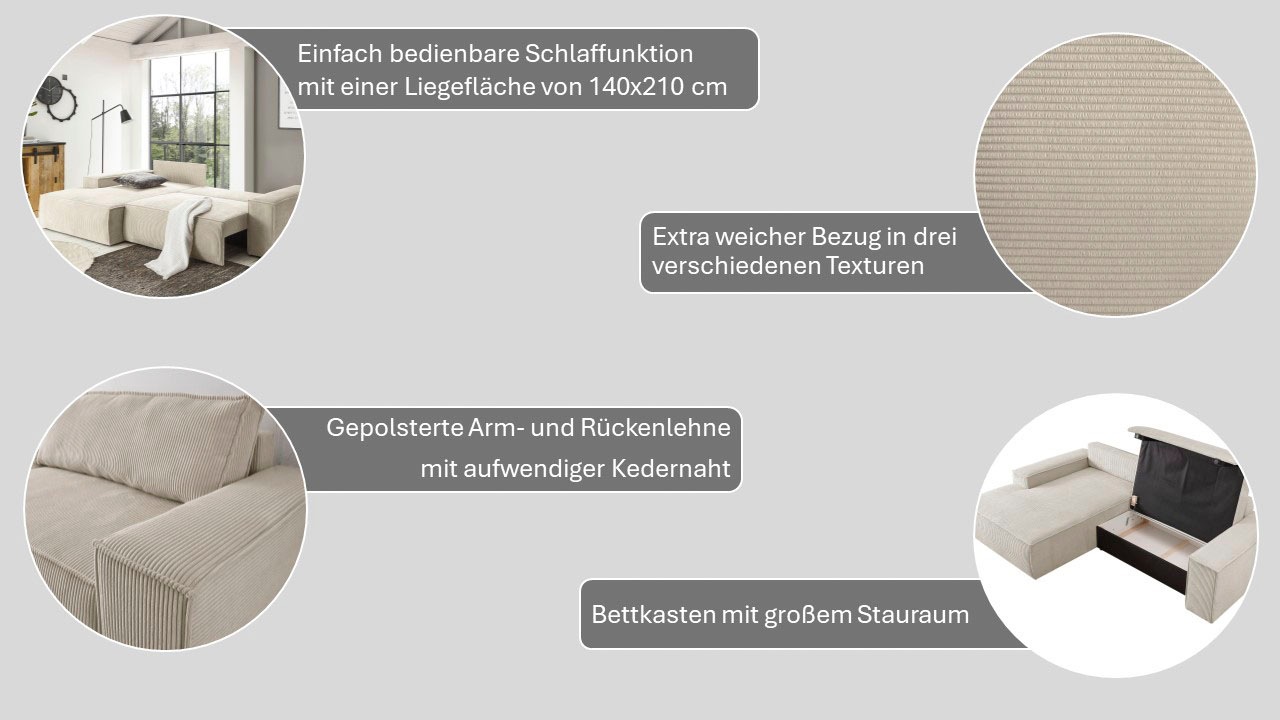 Home affaire Ecksofa »SHERWOOD L-Form, 267 cm - OTTO. Verlässliche Qualität.« Schlaffunktion mit Bettkasten (210x136 cm), Cord, Vintage, Samtvelours