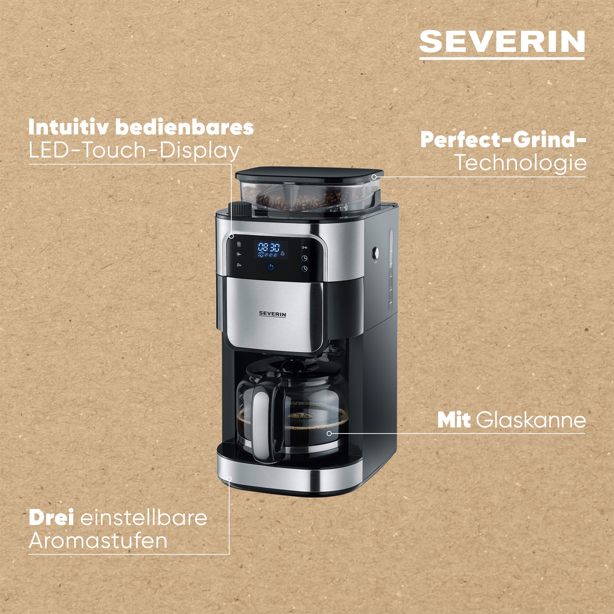 Severin Kaffeemaschine mit Mahlwerk »KA 4813« 1,25 l Kaffeekanne Permanentfilter 1x4 Mahlgrad und Kaffeemenge einstellbar, Warmhalten: bis 60 Min., Timer