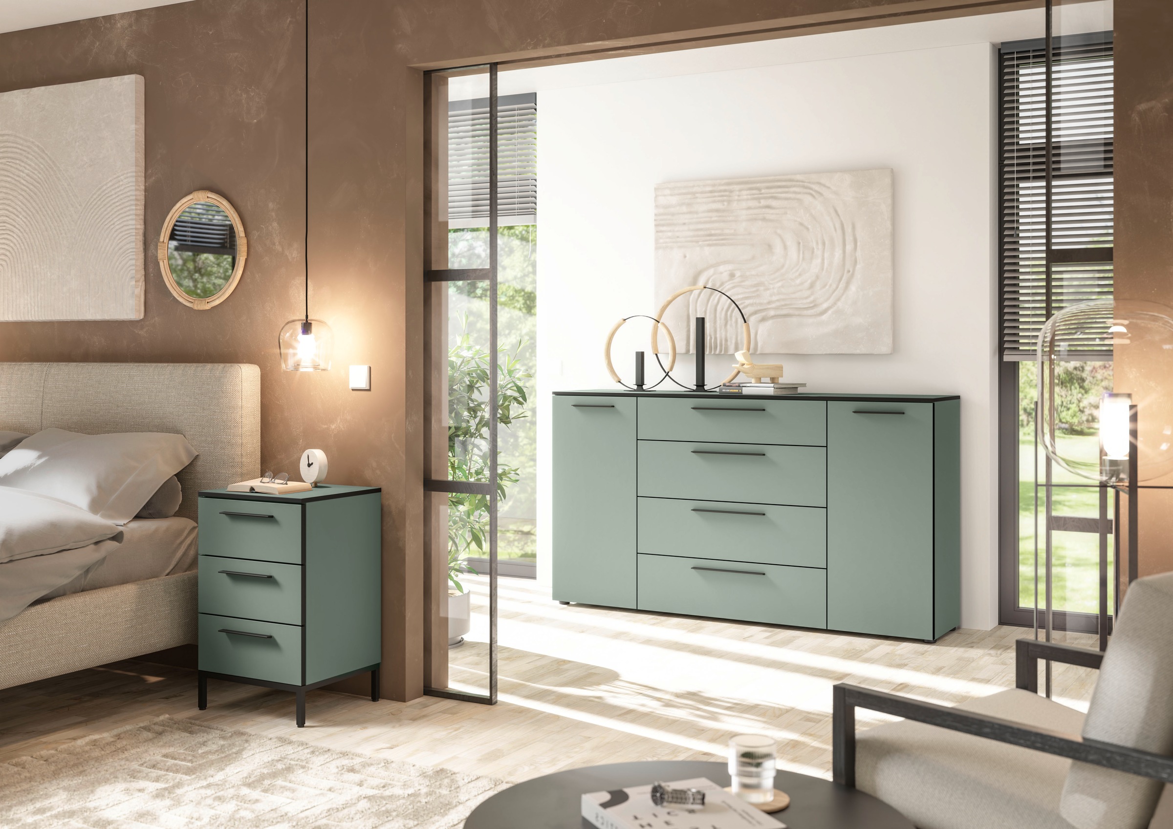 Manjana Möbel Nachtkommode »mit Schwarz matten Metallgriffen« mit Soft-Close-Funktion, mit Vollauszug, melaminbeschichtet