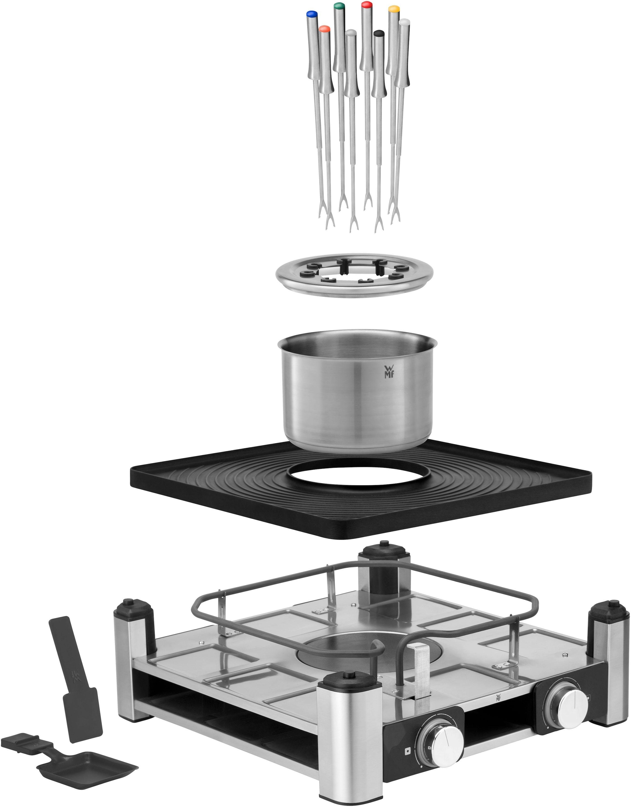 WMF Raclette »Lumero Gourmet Station 3-in-1, Raclette, Fondue und Indoor-Grill«, 8 St. Raclettepfännchen, 1800 W, spülmaschinengeeignete Pfännchen/Platte, Spritzschutz, LED-Beleuchtung