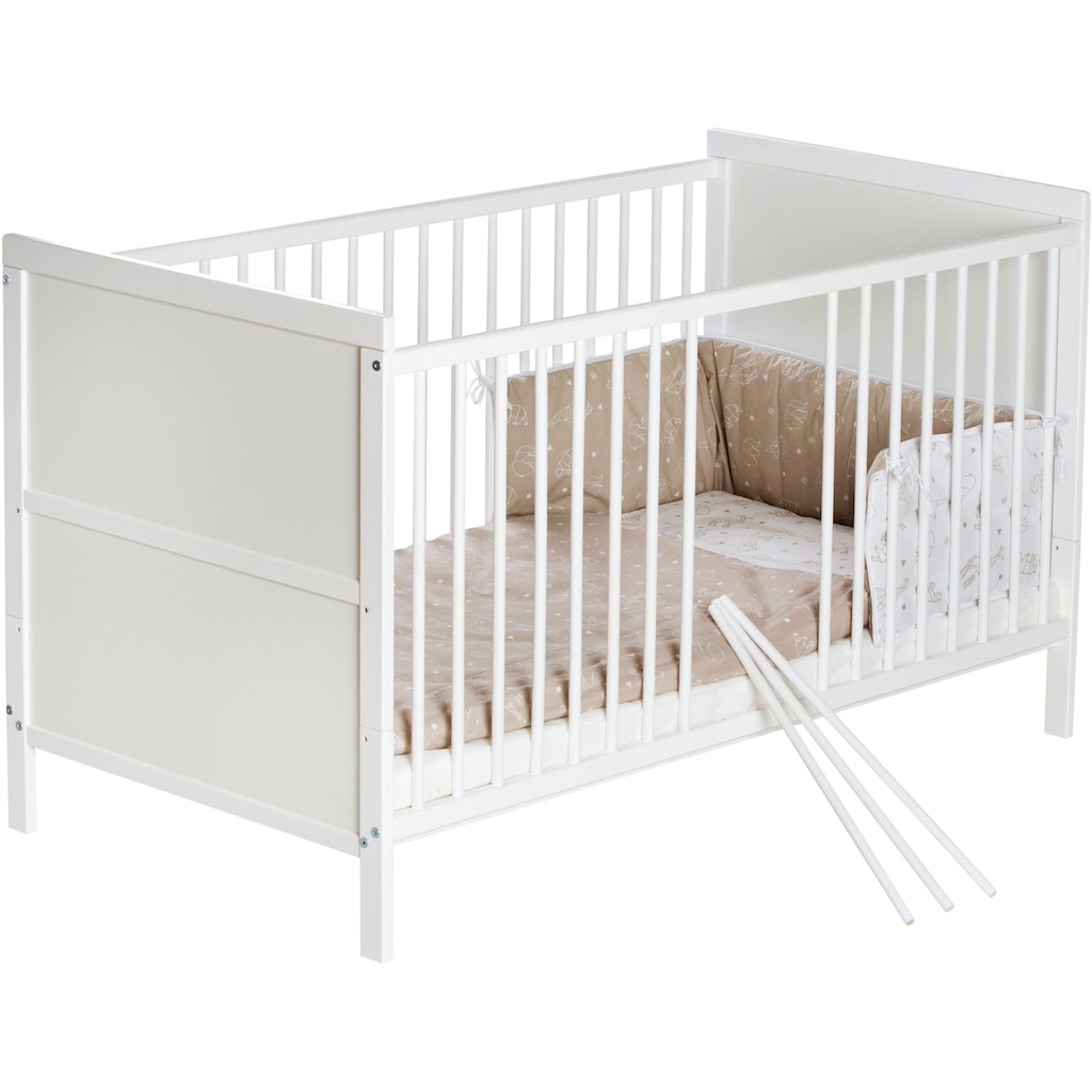 Schardt Babybett »Lenny, Origami Beige«, umbaubar zum Juniorbett, Bettwäsche, Nestchen, Himmel, Himmelstange