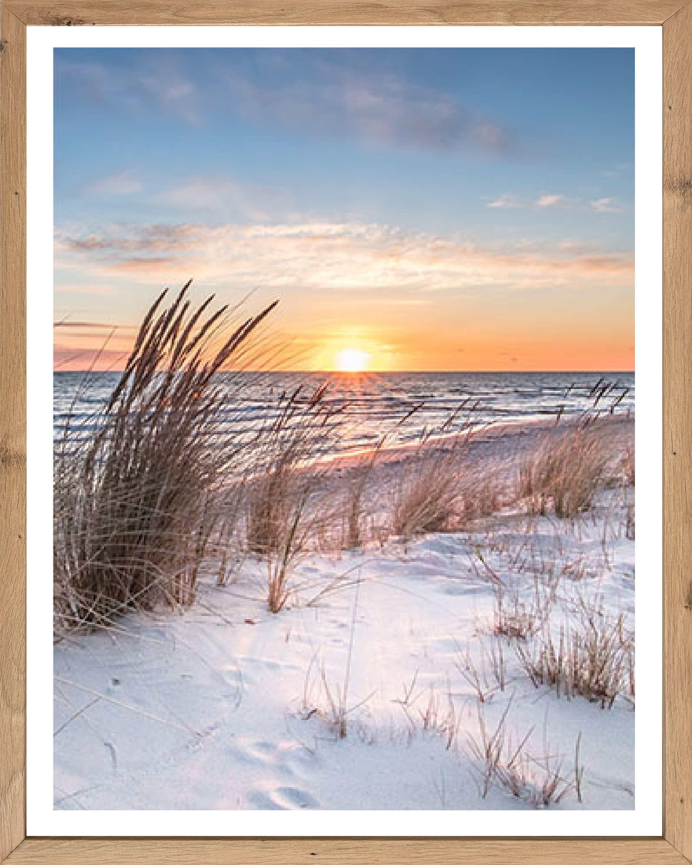 Bönninghoff Bild mit Rahmen "Wandbild gerahmt SONNENUNTERGANG 40x50 cm – Natur Wanddeko modern" Düne  Gräser  Küste  Landschaft  Meer  Natur  Sonnenaufgang & -untergang  Strand 1 Stk. tlg. mit dekorativem Rahmen