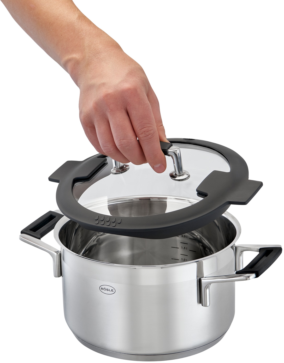 RÖSLE Topf-Set »SILENCE PRO«, Edelstahl 18/10, (Set, 7 tlg., je 1 Kochtopf Ø 16/20/24 cm, 1x Stielkasserolle Ø 16 cm), Innenskalierung und Schüttrand, spülmaschinen- und induktionsgeeignet
