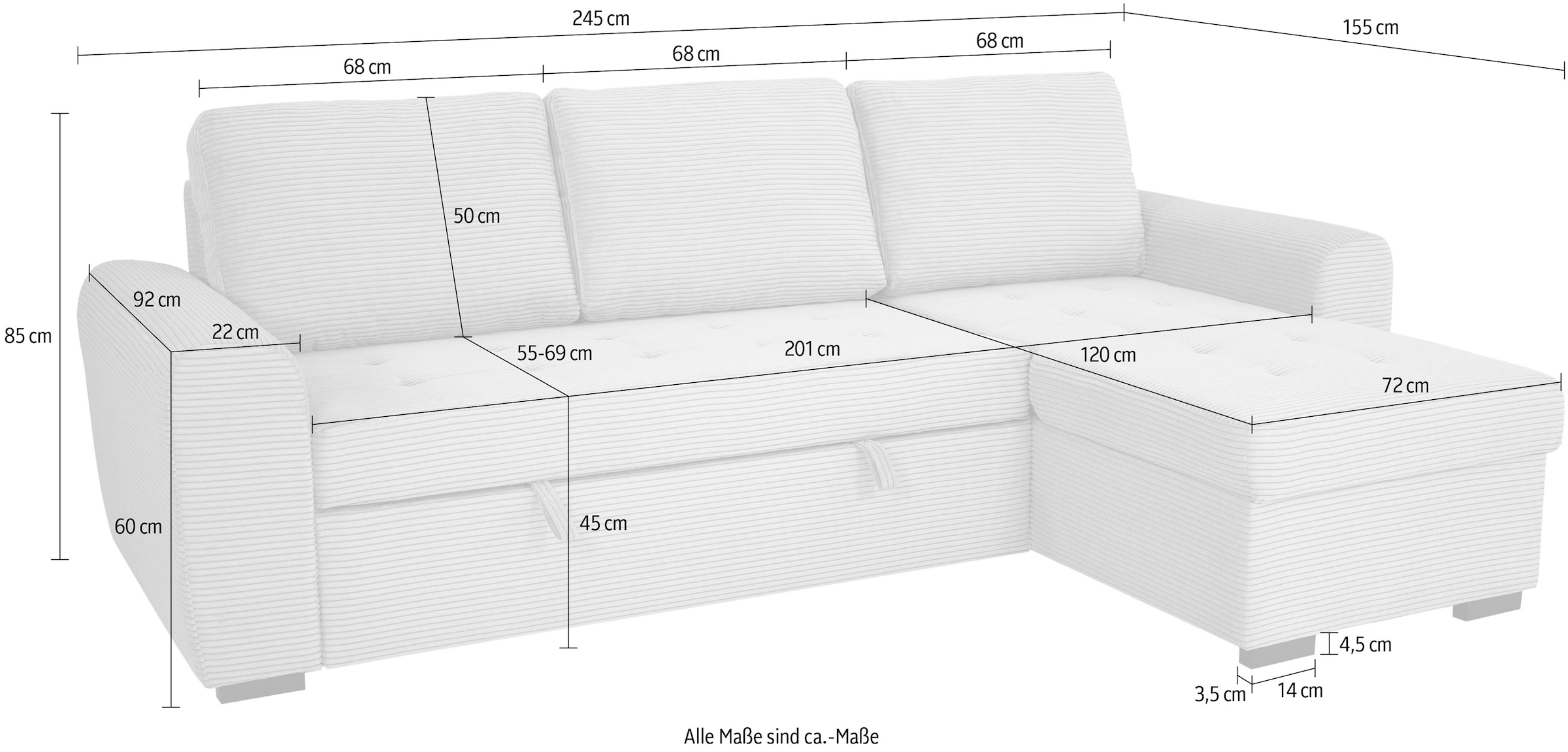 Trends by HG Ecksofa »Poll L-Form, B: 245 cm« mit Bettfunktion & Bettkasten