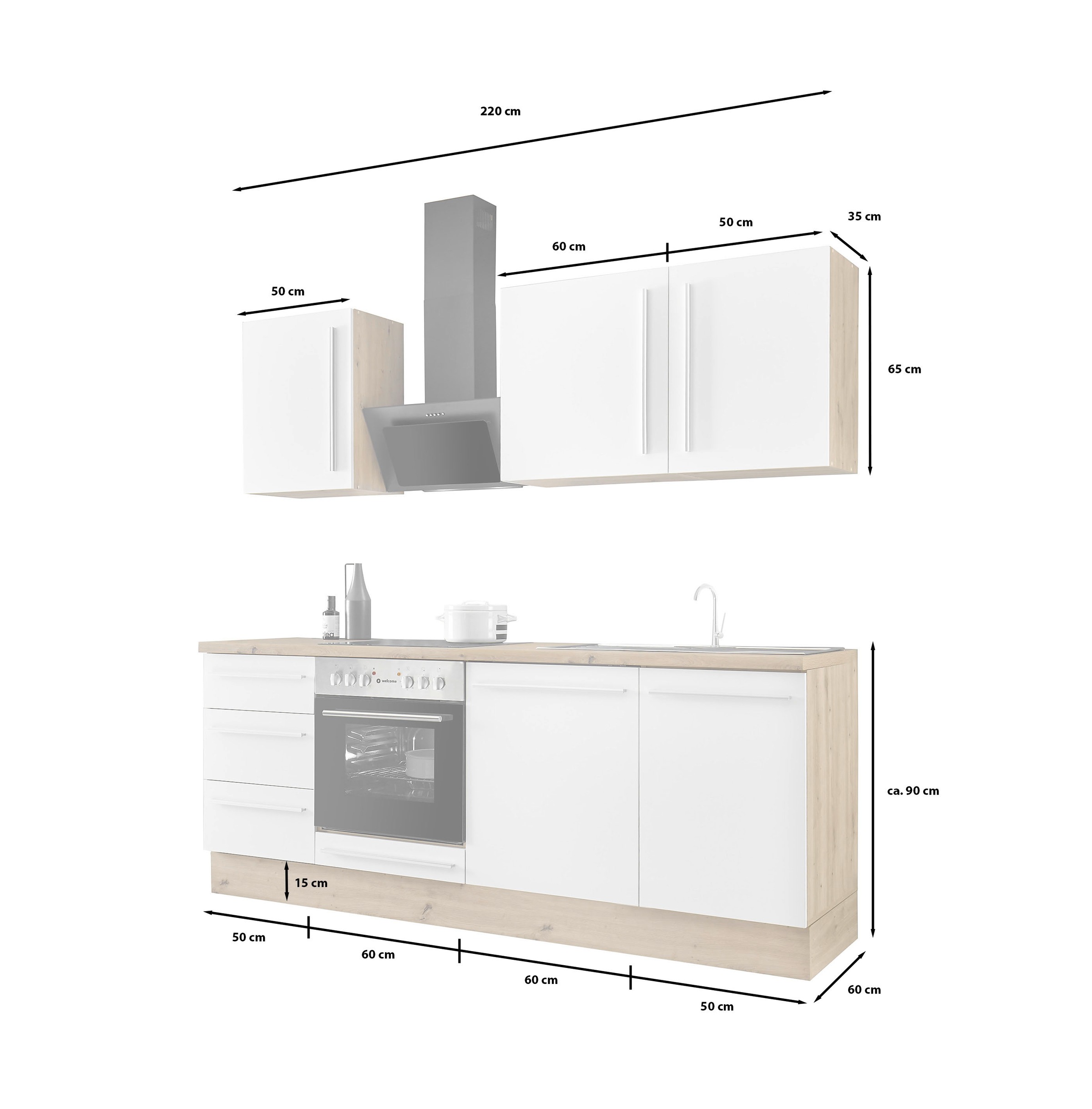 KOCHSTATION Küchenzeile »KS-Florida mit 38mm starker Arbeitsplatte«, Breite 220 cm, wahlweise mit E-Geräten, Soft-Close-Funktion