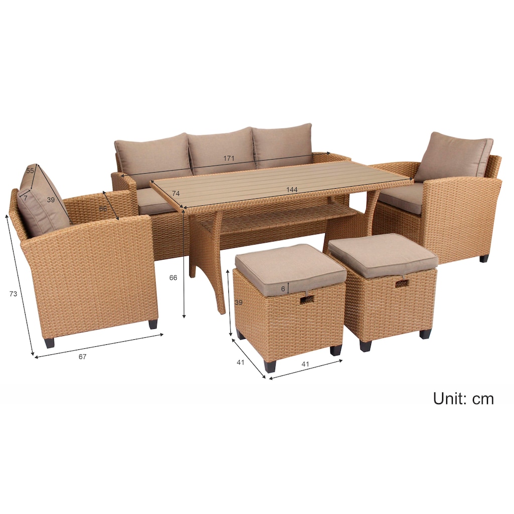 KONIFERA Gartenlounge-Set »Amsterdam«, (Set, 16 tlg., 1x 3er Sofa, 1x 2 Sessel, 2x Hocker, 1xTisch 144,5x74x67cm,Polyrattan), Stahl, Ablagefläche unter dem Tisch, Loungeset