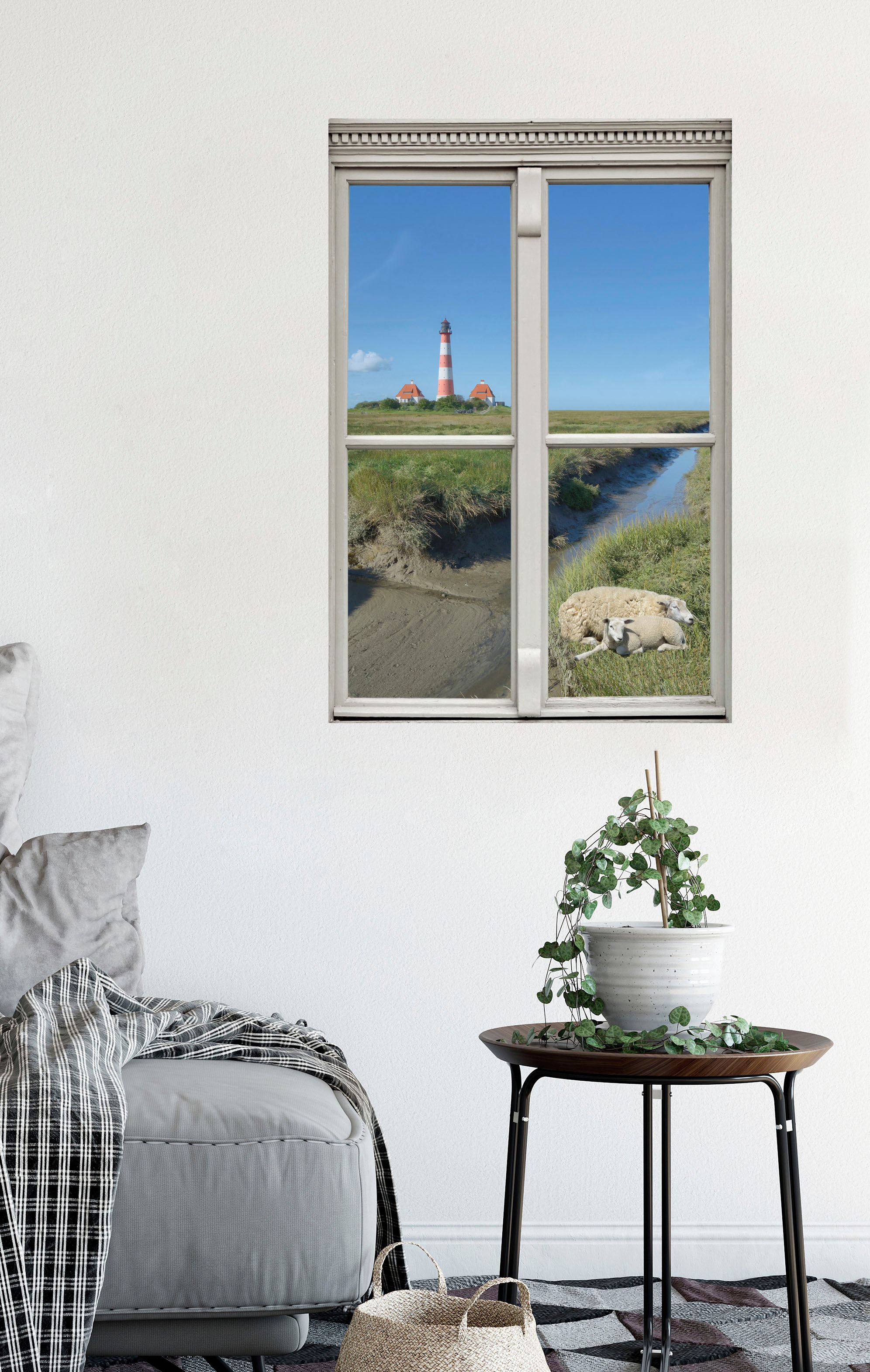 queence Wandsticker »Schafe und Leuchtturm« Wandsticker, Wandbild, selbstklebend, 3D, Fenster