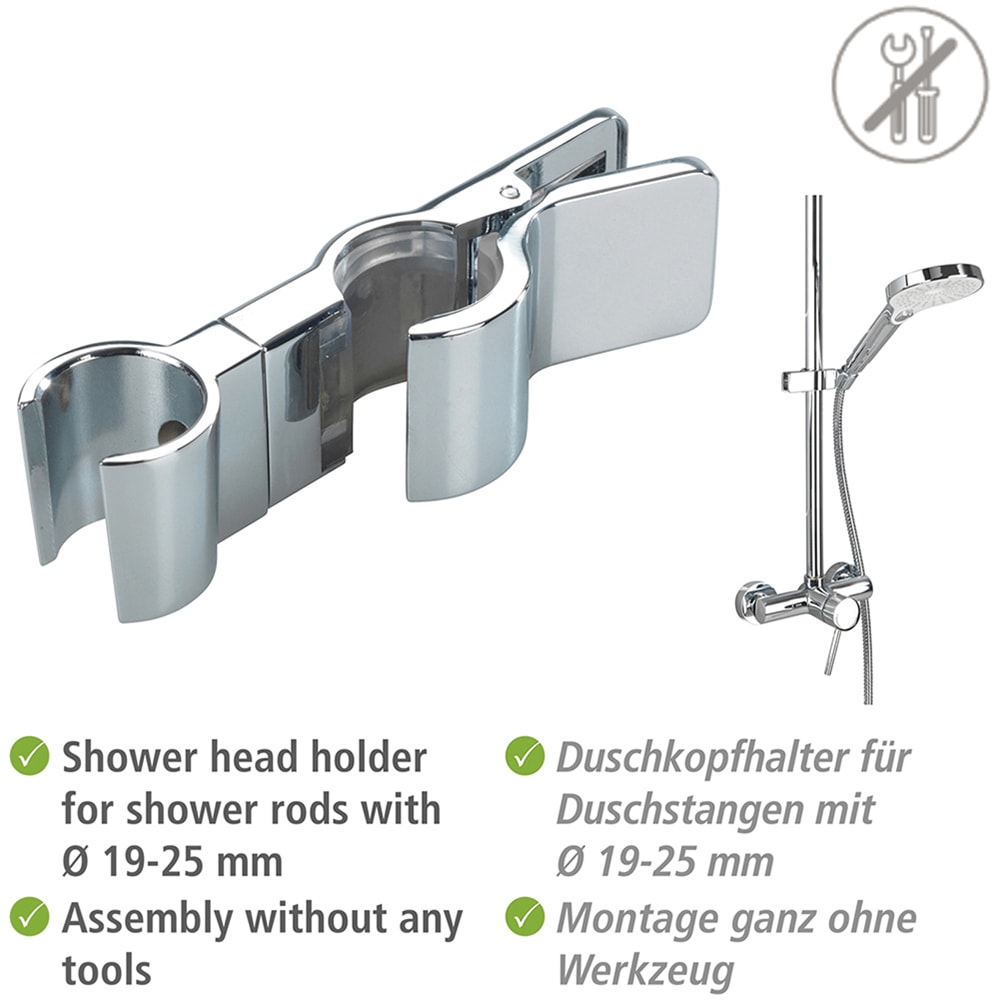 WENKO Brausehalter »Duschkopfhalter Metall Chrom«, Universal-Handbrausehalterung zum Klemmen, für Stangen mit Ø 19-25 mm