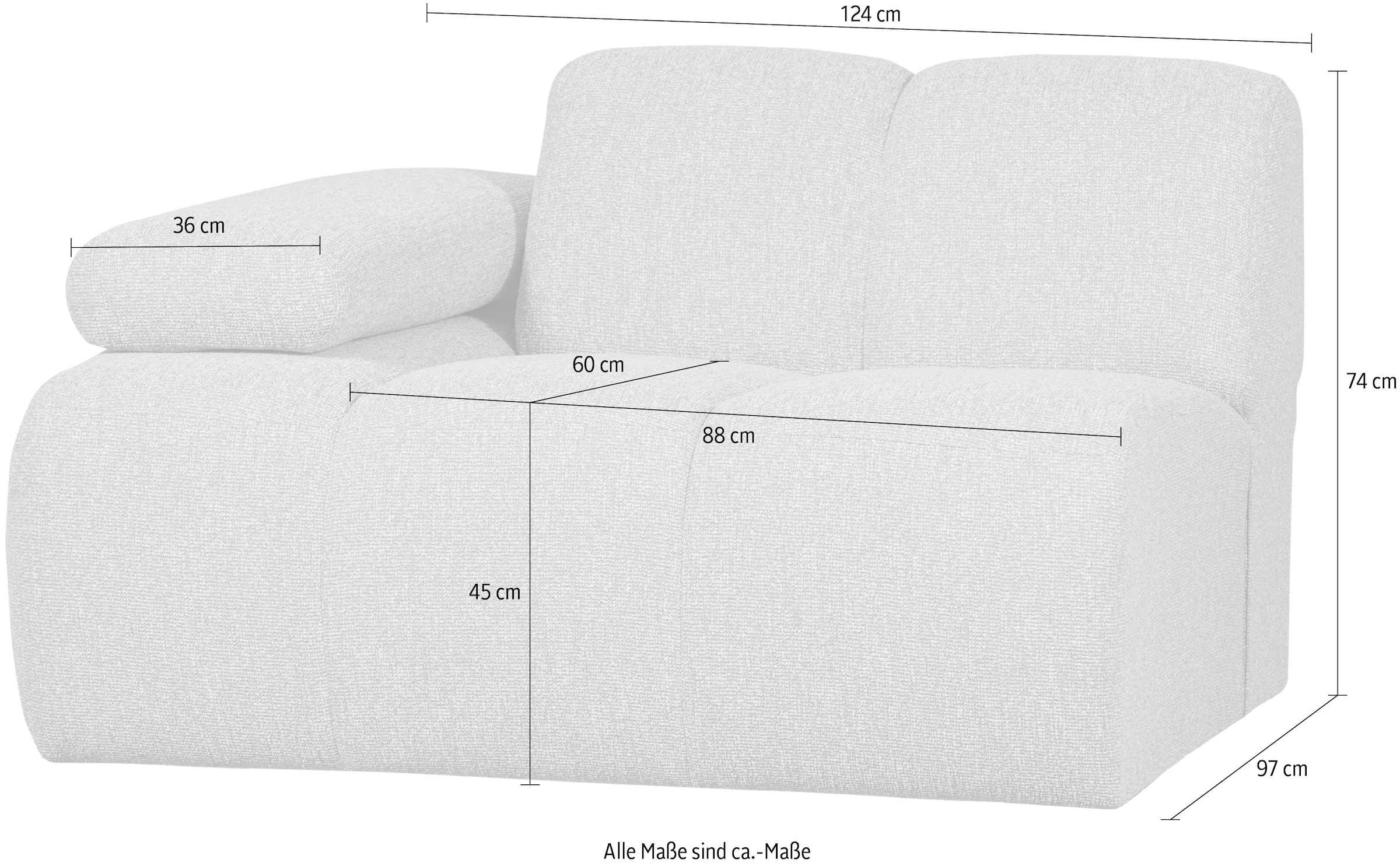 WOOOD Sofaelement »Mojo Bouclé-Bezug mit verstellbarer Armlehne B 124 x D 97 x H 74 cm« Maximale Verschleißfestigkeit, Tragkraft 120 kg, montiert geliefert