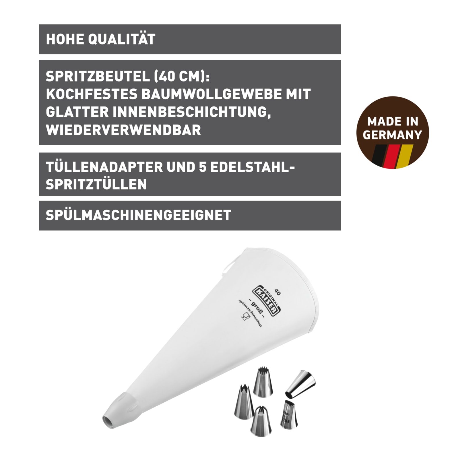 Kaiser Backformen Spritzbeutel »La Forme Plus«, (7 tlg.), Wiederverwendbarer Spritzbeutel, Made in Germany
