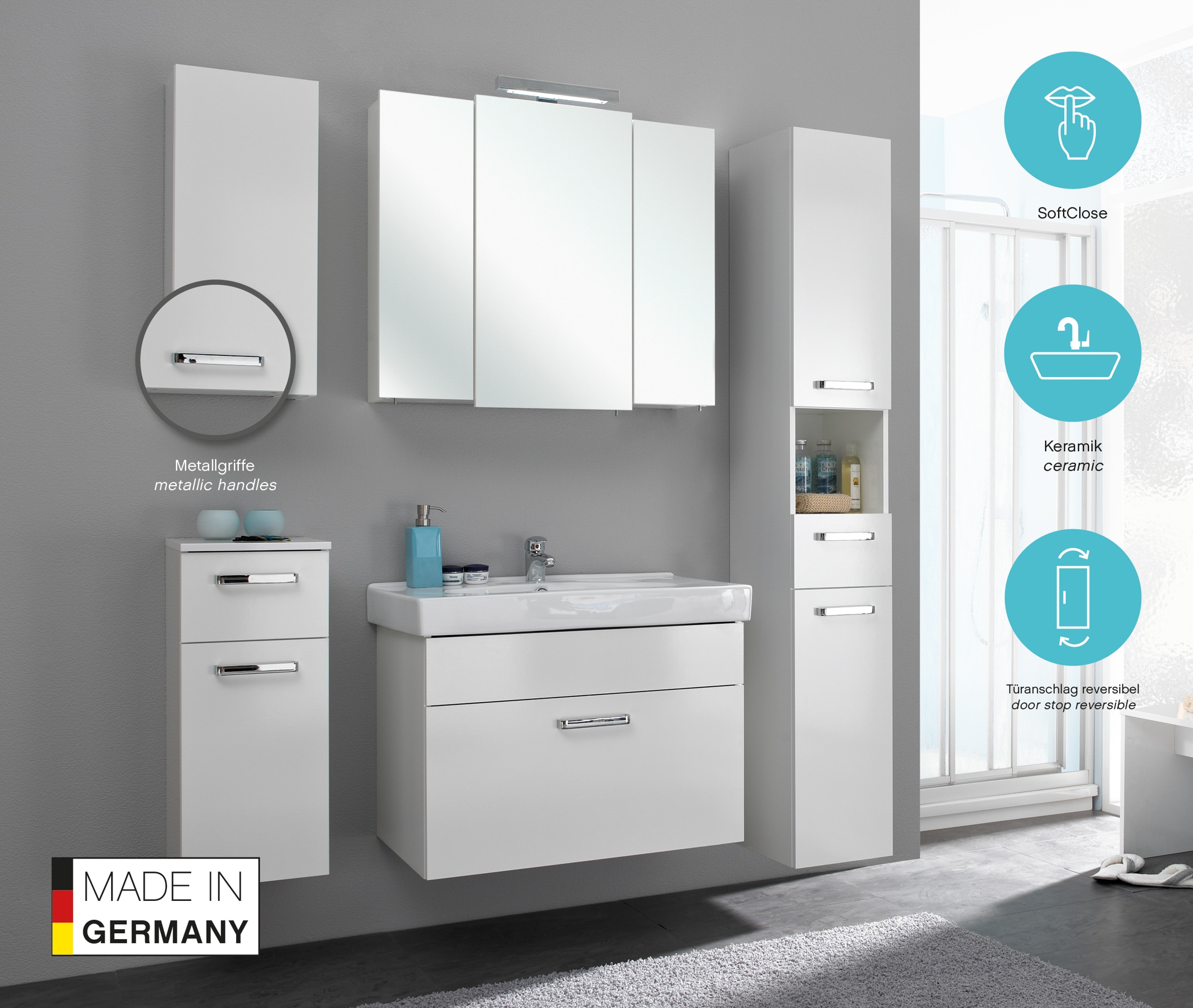 Saphir Waschtisch »Quickset Keramikwaschtisch mit Unterschrank, 80 cm breit, Badmöbel« Waschplatz mit 1 Schublade, inkl. Türdämpfer, Griffe Chrom Glanz