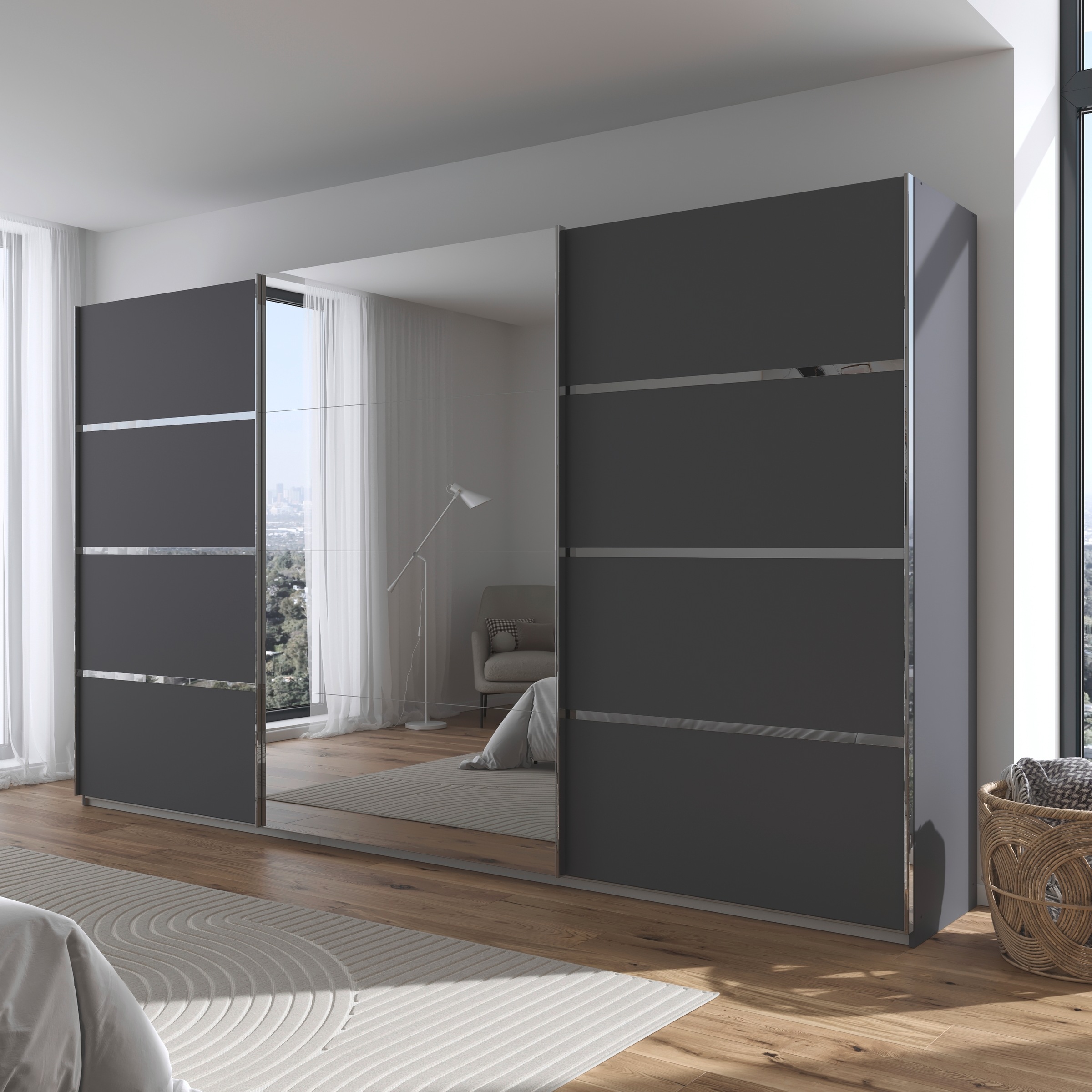 rauch Kleiderschrank »Schwebetürenschrank OTTO´s Choice Garderobe Schrank TOP ANGEBOT Avola«, (in 3 verschiedenen Ausstattungen BASIC/CLASSIC/PREMIUM inkl. Spiegel), mit eleganten Zierleisten in Chrom, Schwarz oder Weiß MADE IN GERMANY